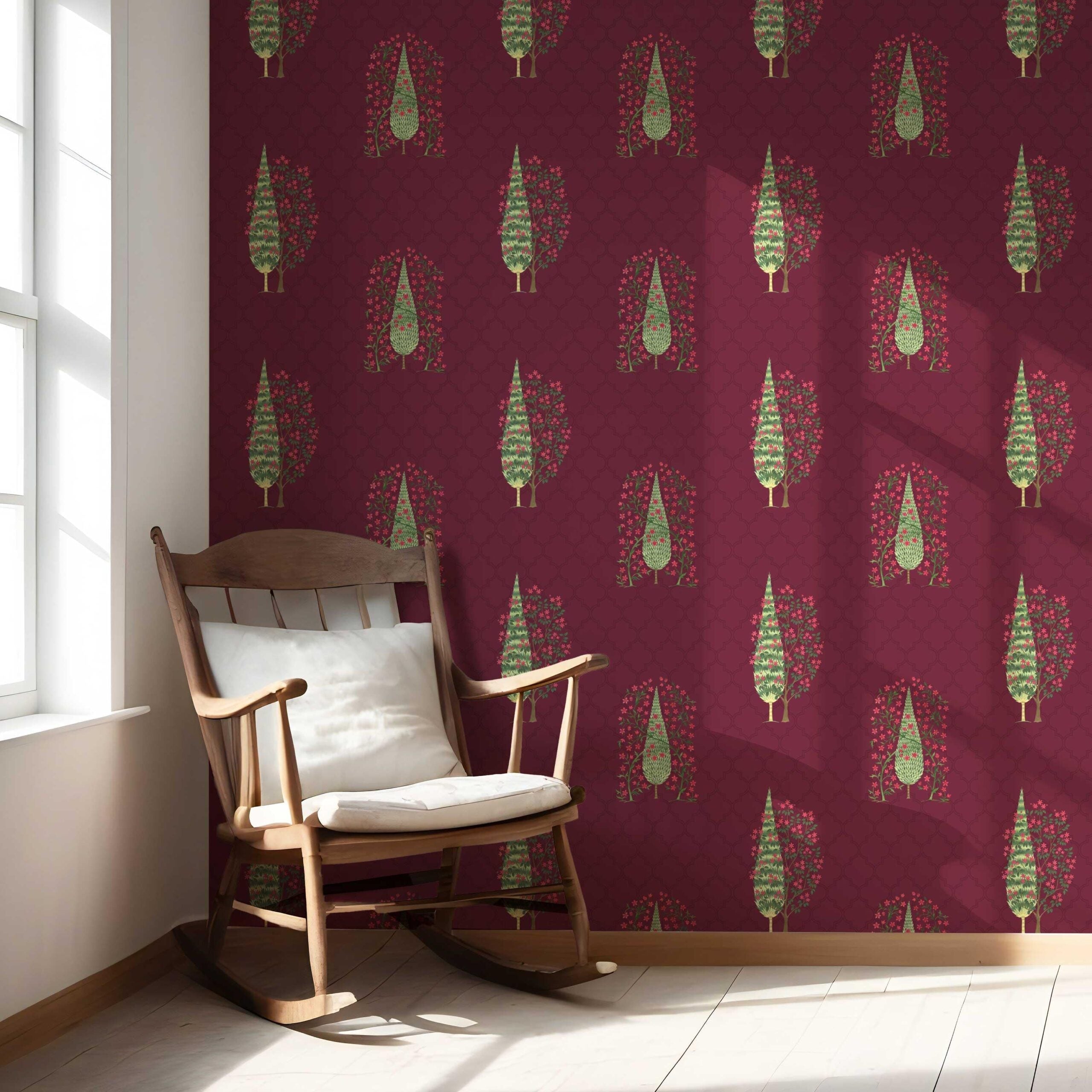 Botanical/ Floral Print Nursery Wallpaper Sample (Maroon/ Red/ Pink/ Green)