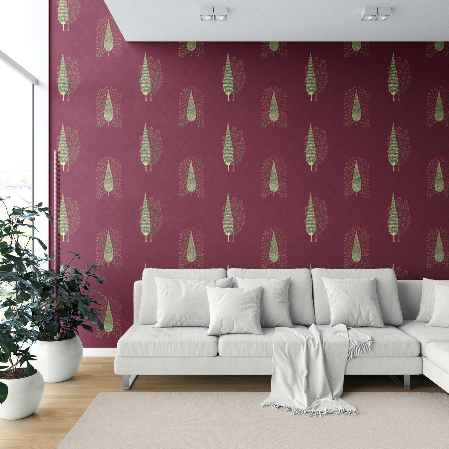 Botanical/ Floral Print Shower Toilet Wallpaper Sample (Maroon/ Red/ Pink/ Green)