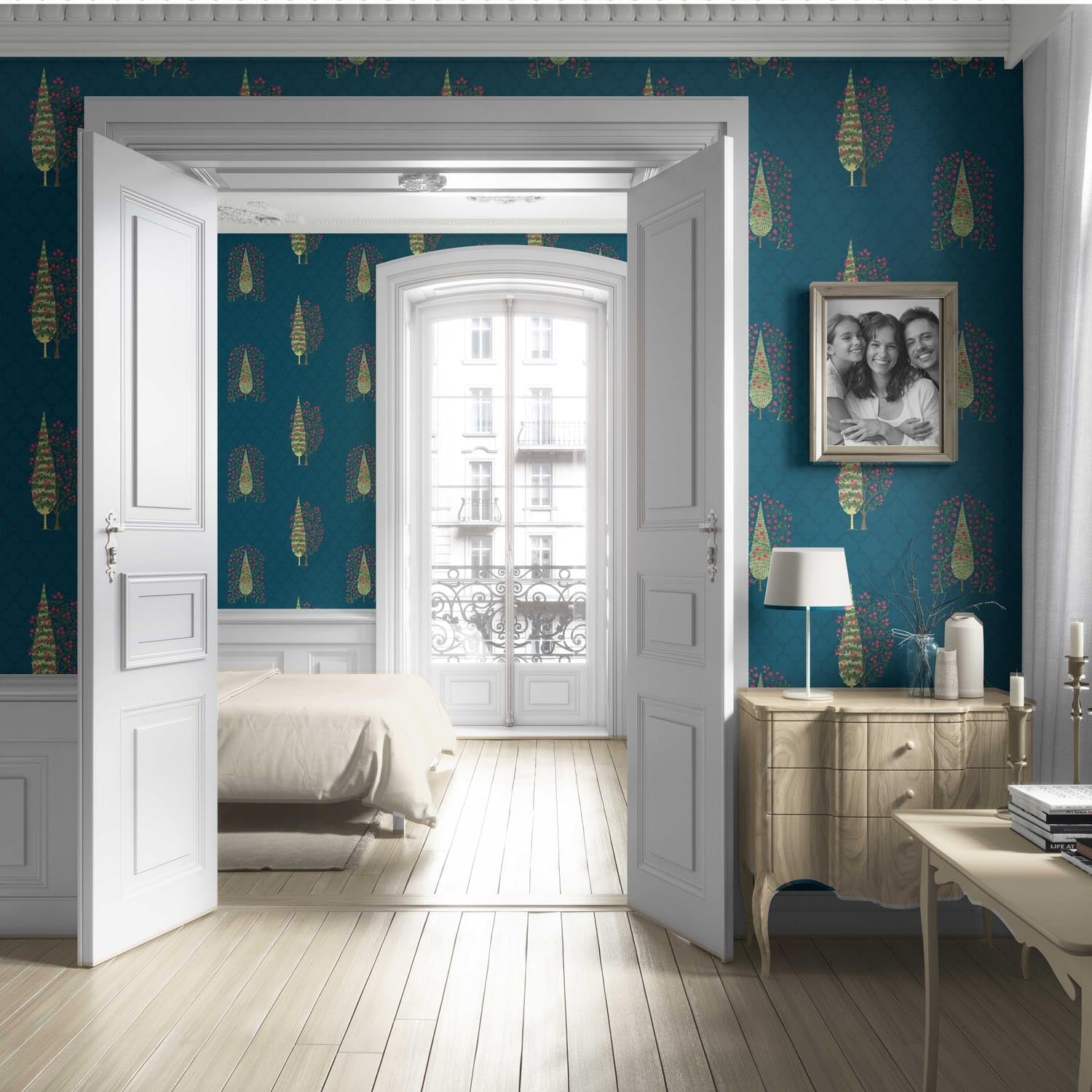 Botanical/ Floral Print Living Room Wallpaper (Teal Blue/ Pink/ Green)