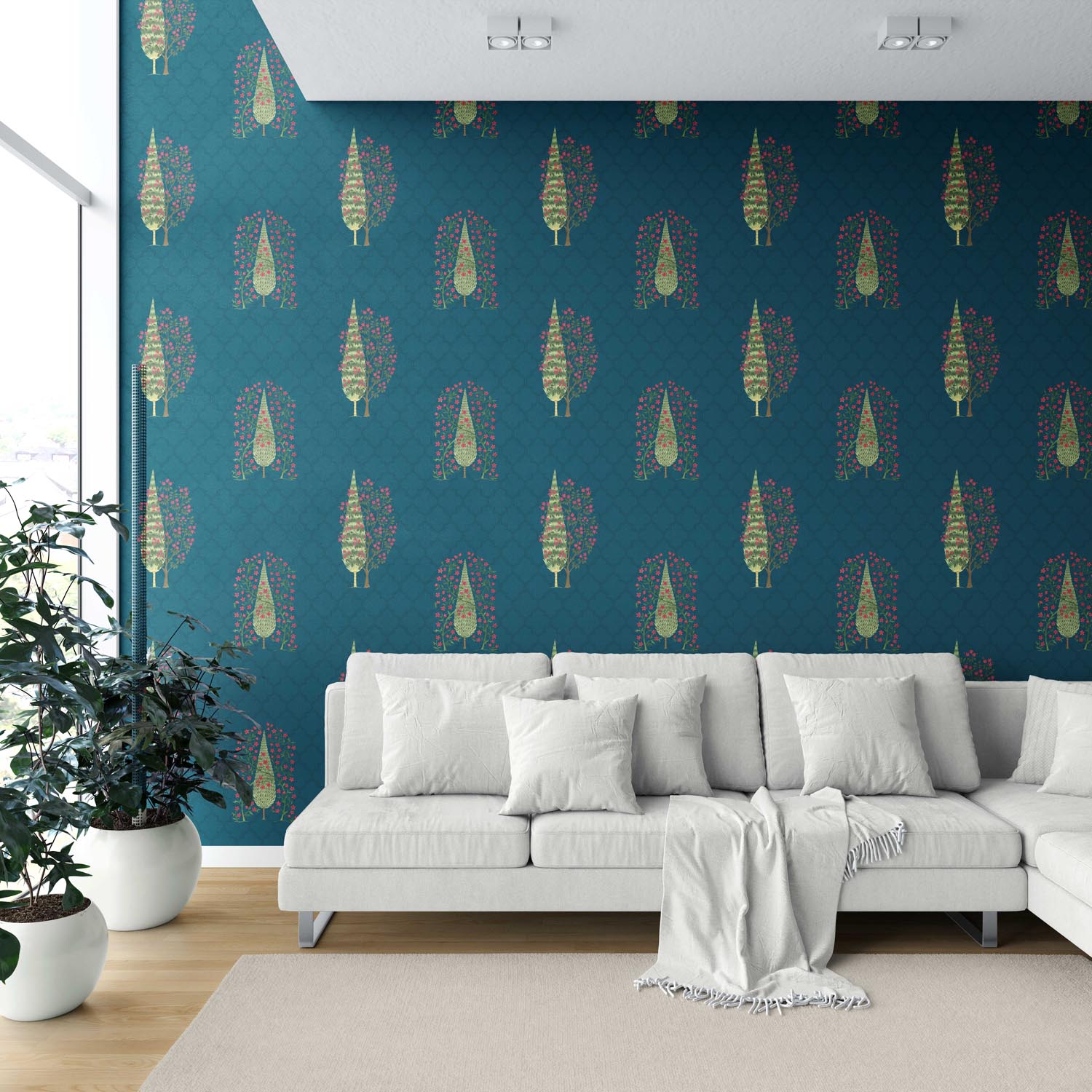 Botanical/ Floral Print Shower Toilet Wallpaper (Teal Blue/ Pink/ Green)
