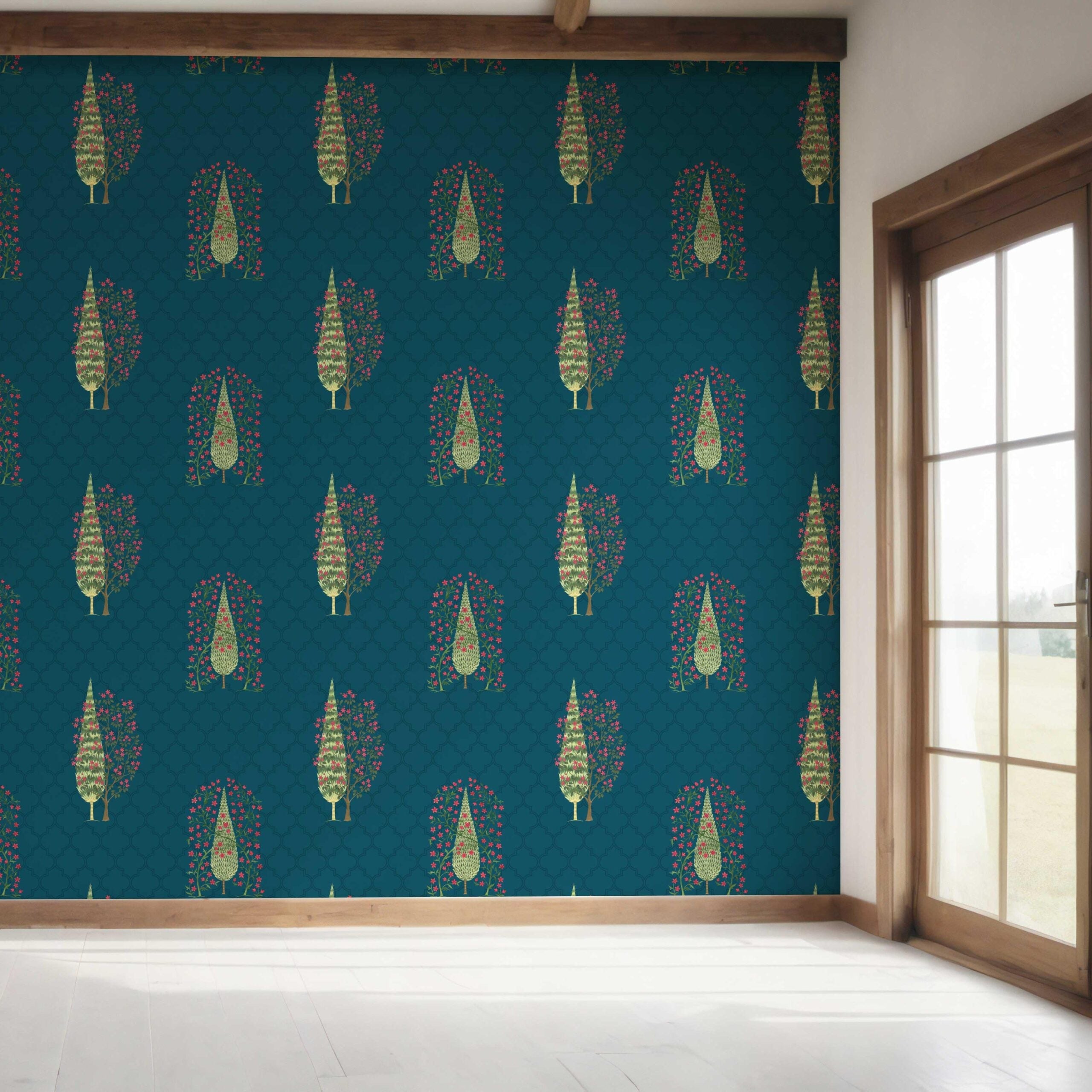 Botanical/ Floral Print Bedroom Wallpaper (Teal Blue/ Pink/ Green)