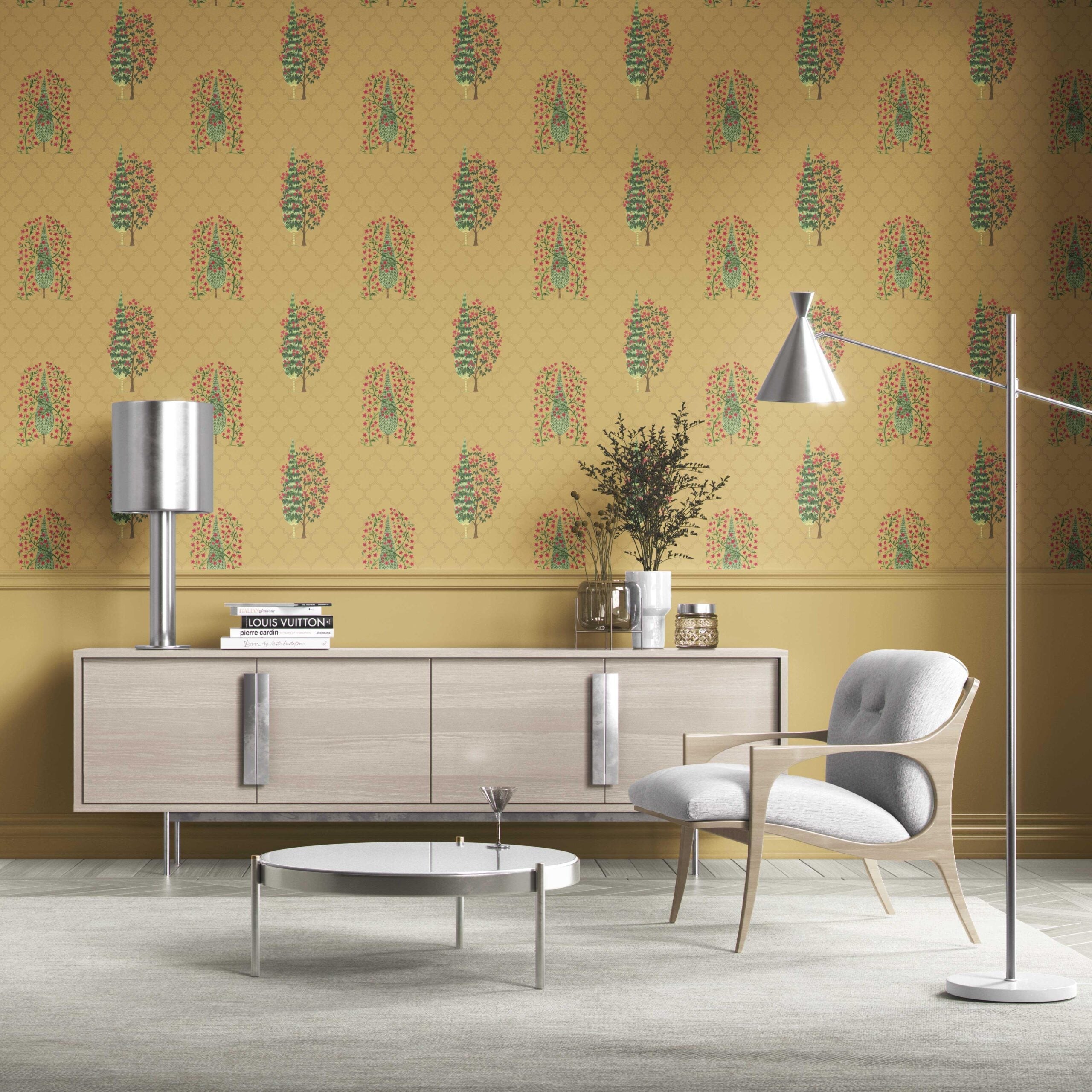 Botanical/ Floral Print Traditional Wallpaper (Yellow/ Pink/ Green)