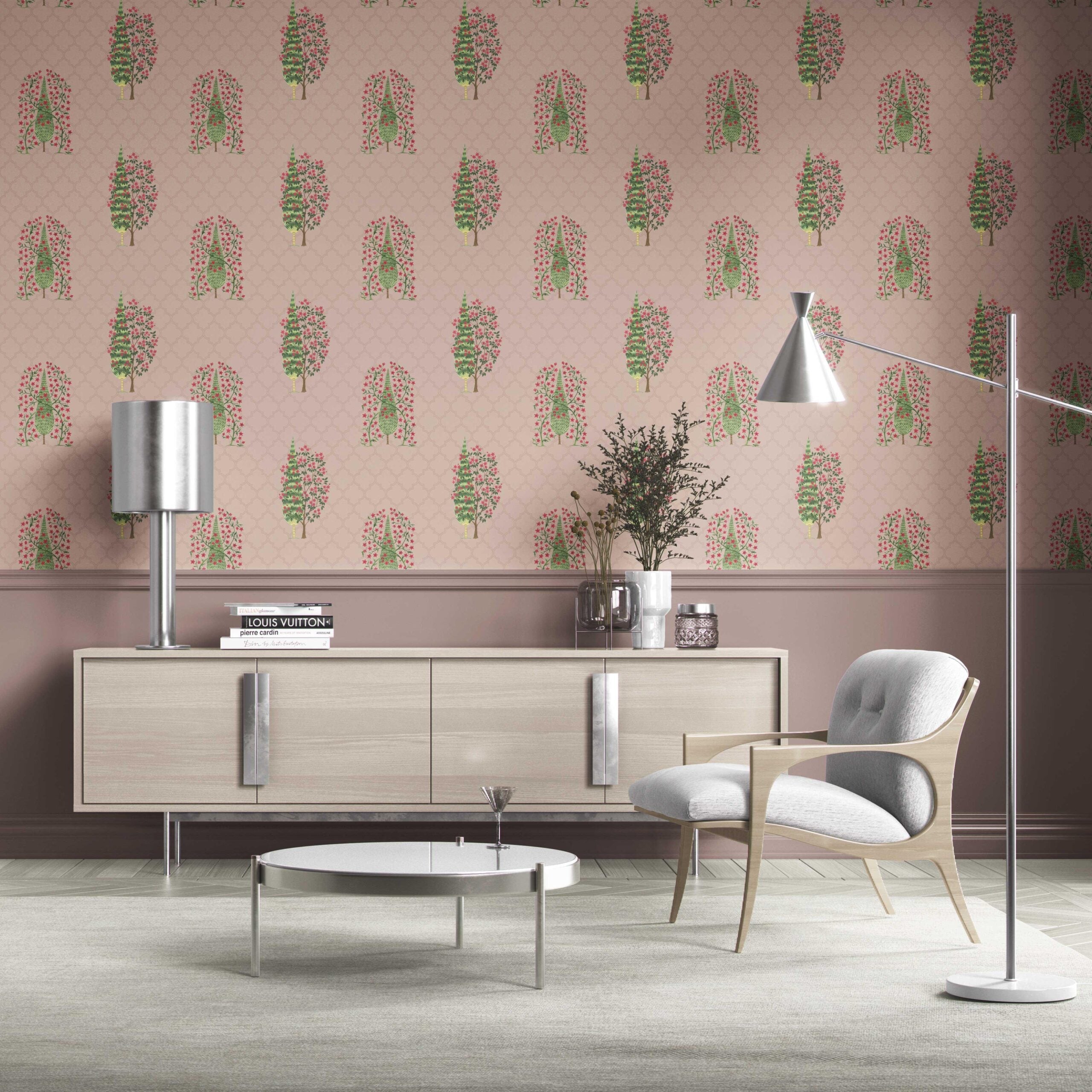 Botanical/ Floral Print Traditional Wallpaper Sample (Blush Pink/ Green)