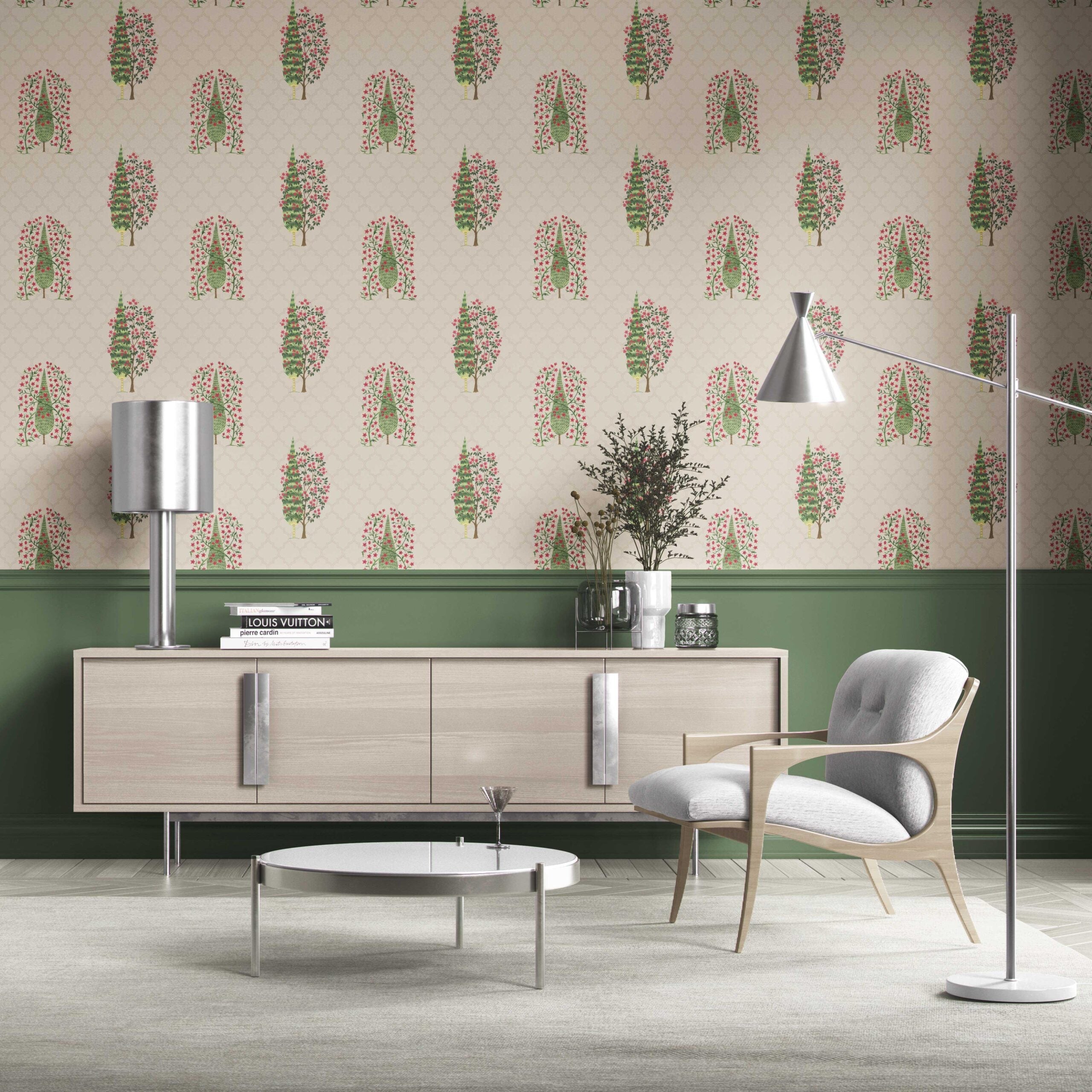 Botanical/ Floral Print Traditional Wallpaper (Beige/ Pink/ Green)