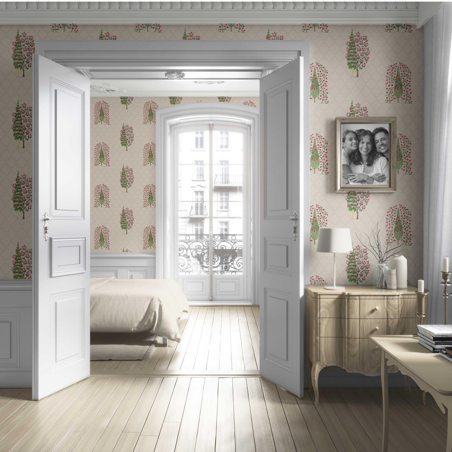 Botanical/ Floral Print Living Room Wallpaper (Beige/ Pink/ Green)