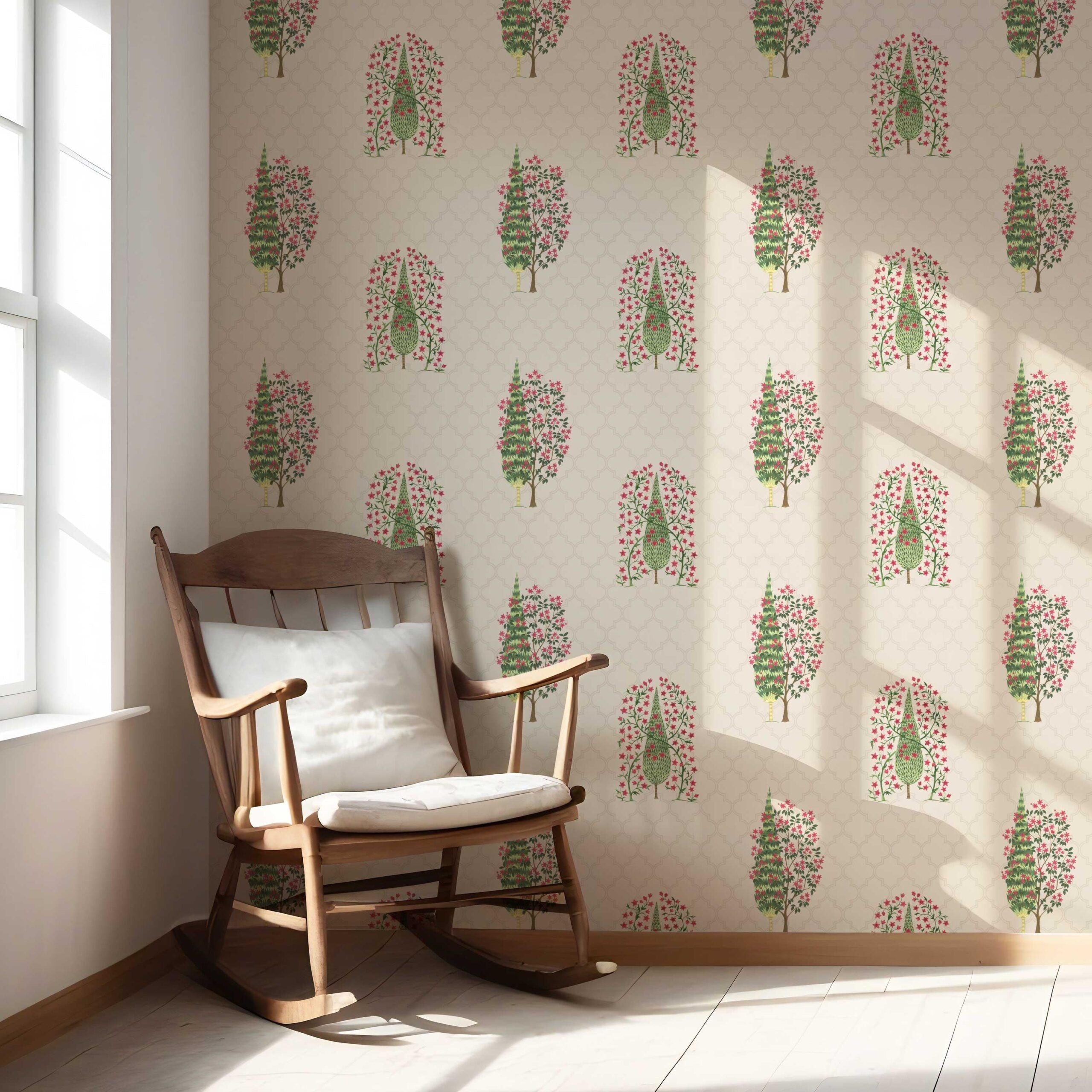 Botanical/ Floral Print Nursery Wallpaper (Beige/ Pink/ Green)