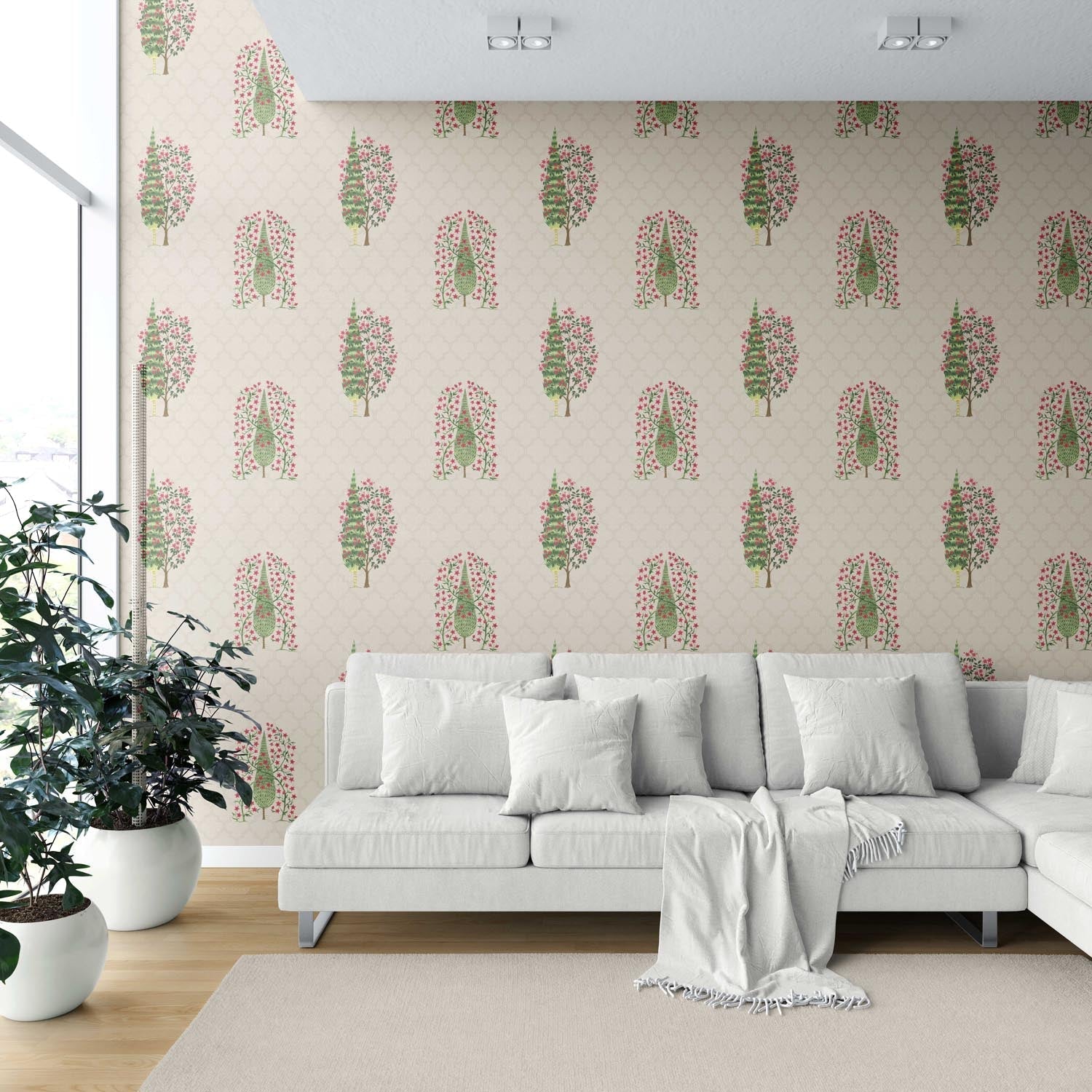Botanical/ Floral Print Shower Toilet Wallpaper (Beige/ Pink/ Green)