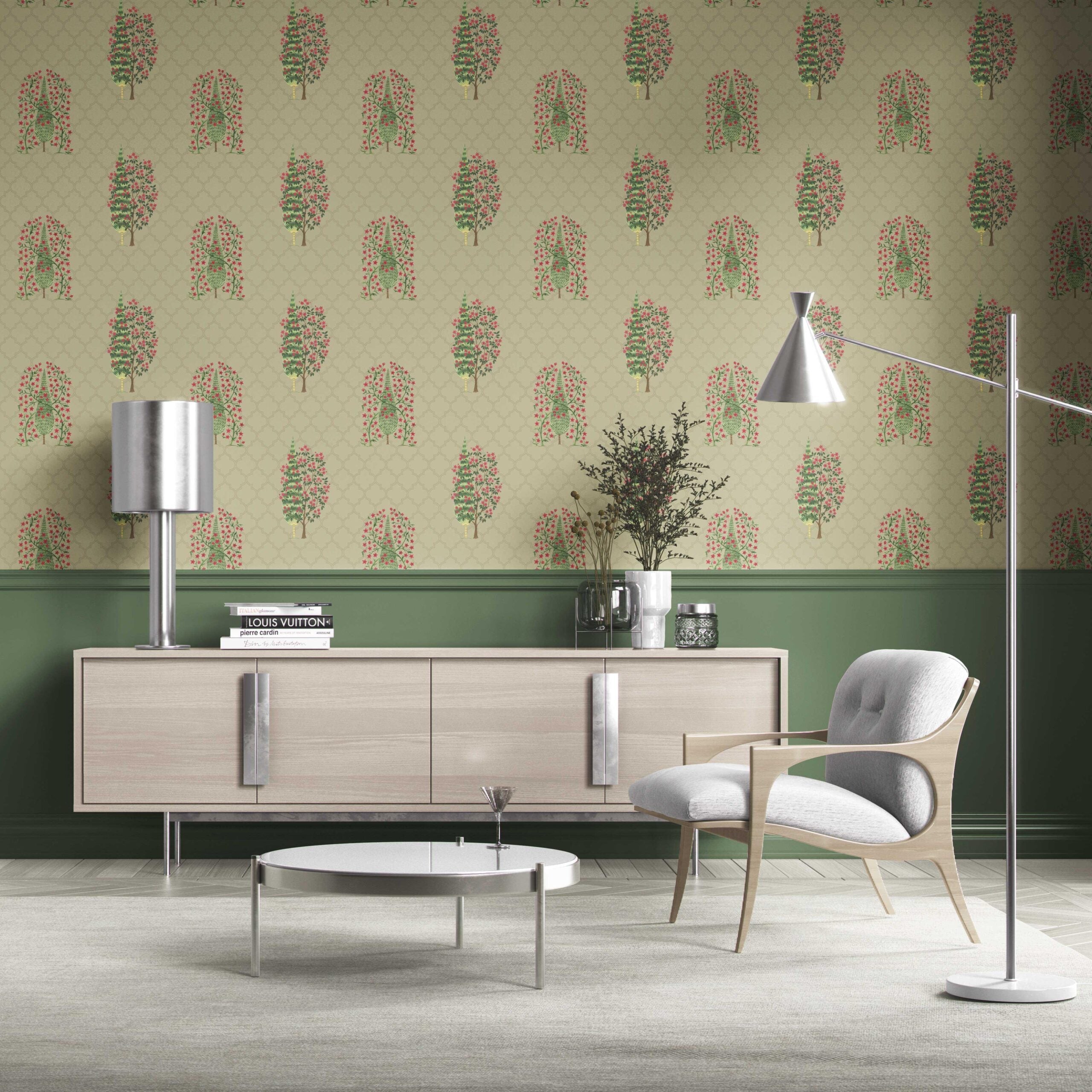Botanical/ Floral Print Traditional Wallpaper (Olive Green/ Pink)