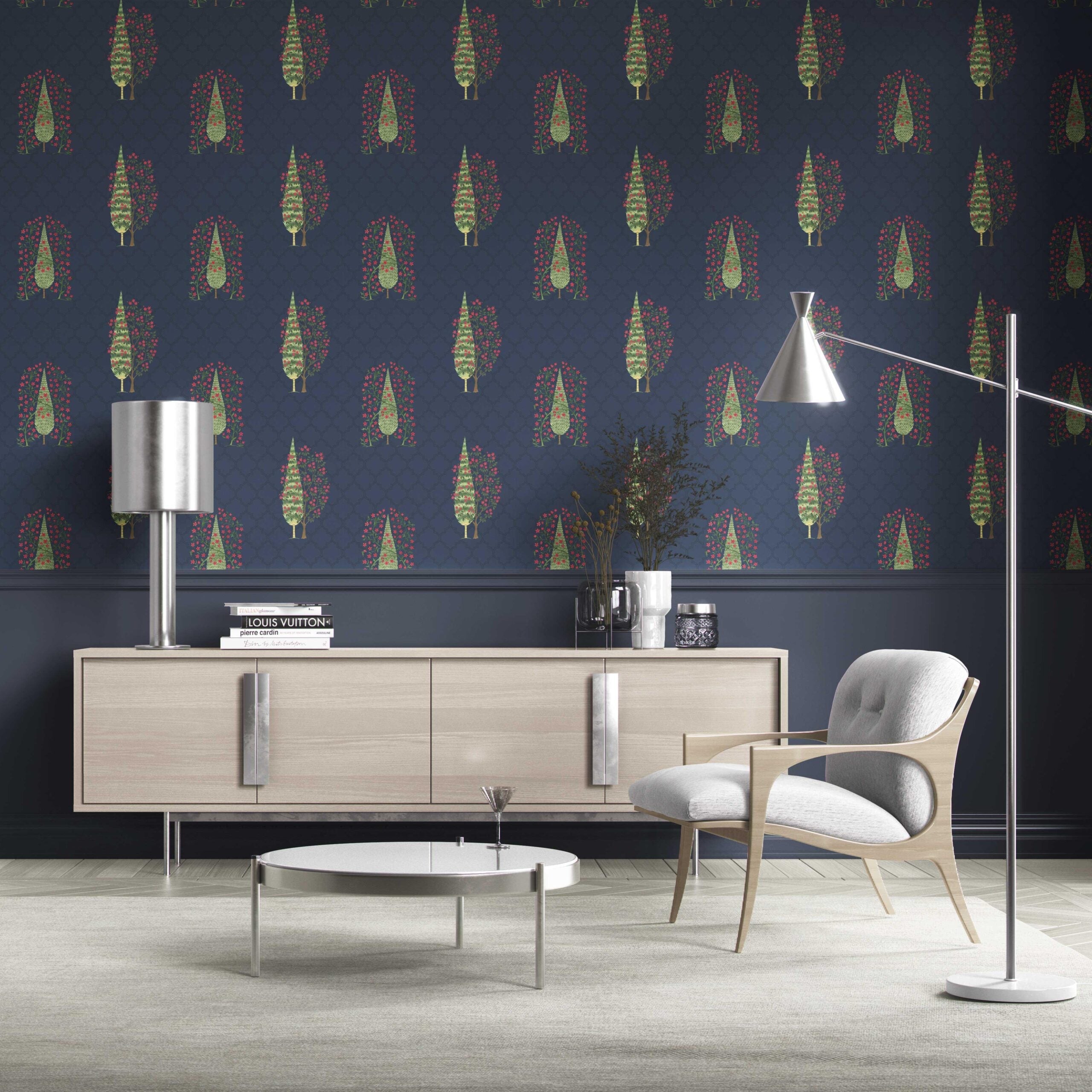 Botanical/ Floral Print Traditional Wallpaper (Navy Blue/ Pink/ Green)
