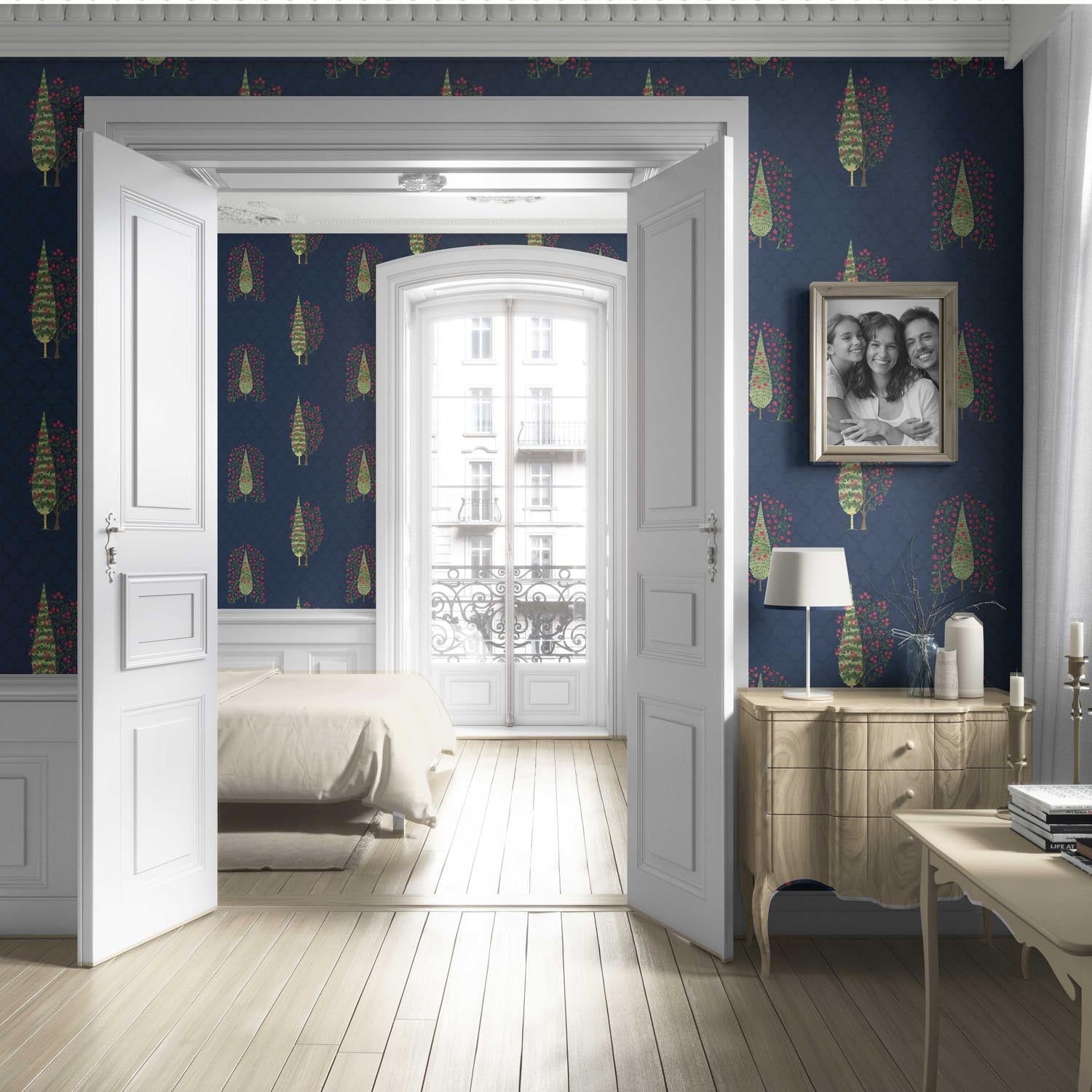 Botanical/ Floral Print Living Room Wallpaper Sample (Navy Blue/ Pink/ Green)