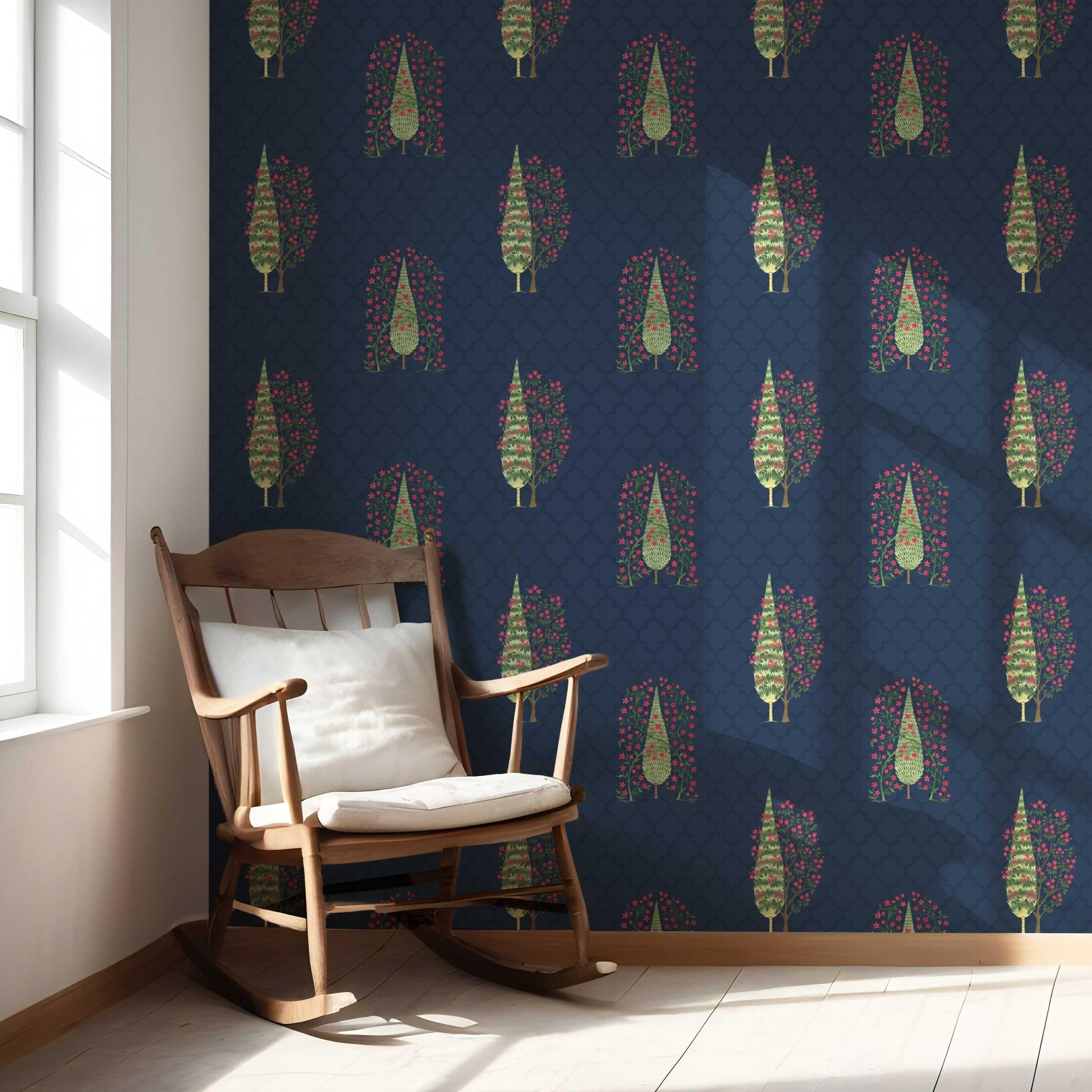 Botanical/ Floral Print Nursery Wallpaper Sample (Navy Blue/ Pink/ Green)
