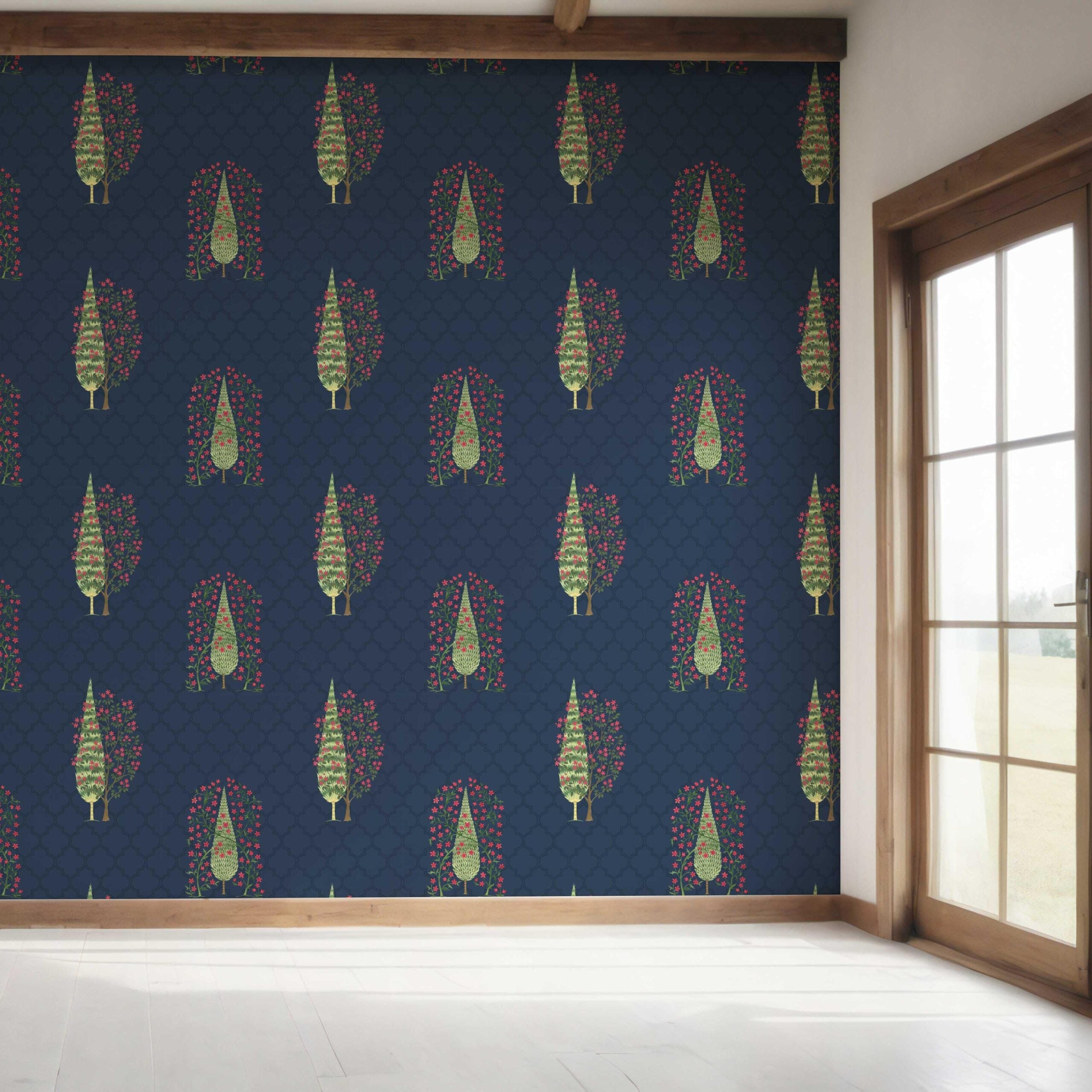 Botanical/ Floral Print Bedroom Wallpaper Sample (Navy Blue/ Pink/ Green)
