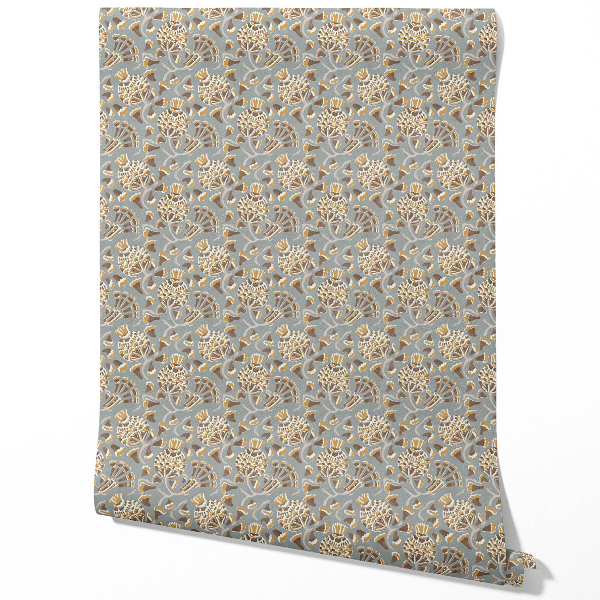 Modern Floral/ Botanical Traditional Wallpaper Sample (Blue-Gray/ Brown/ Gold/ Beige)