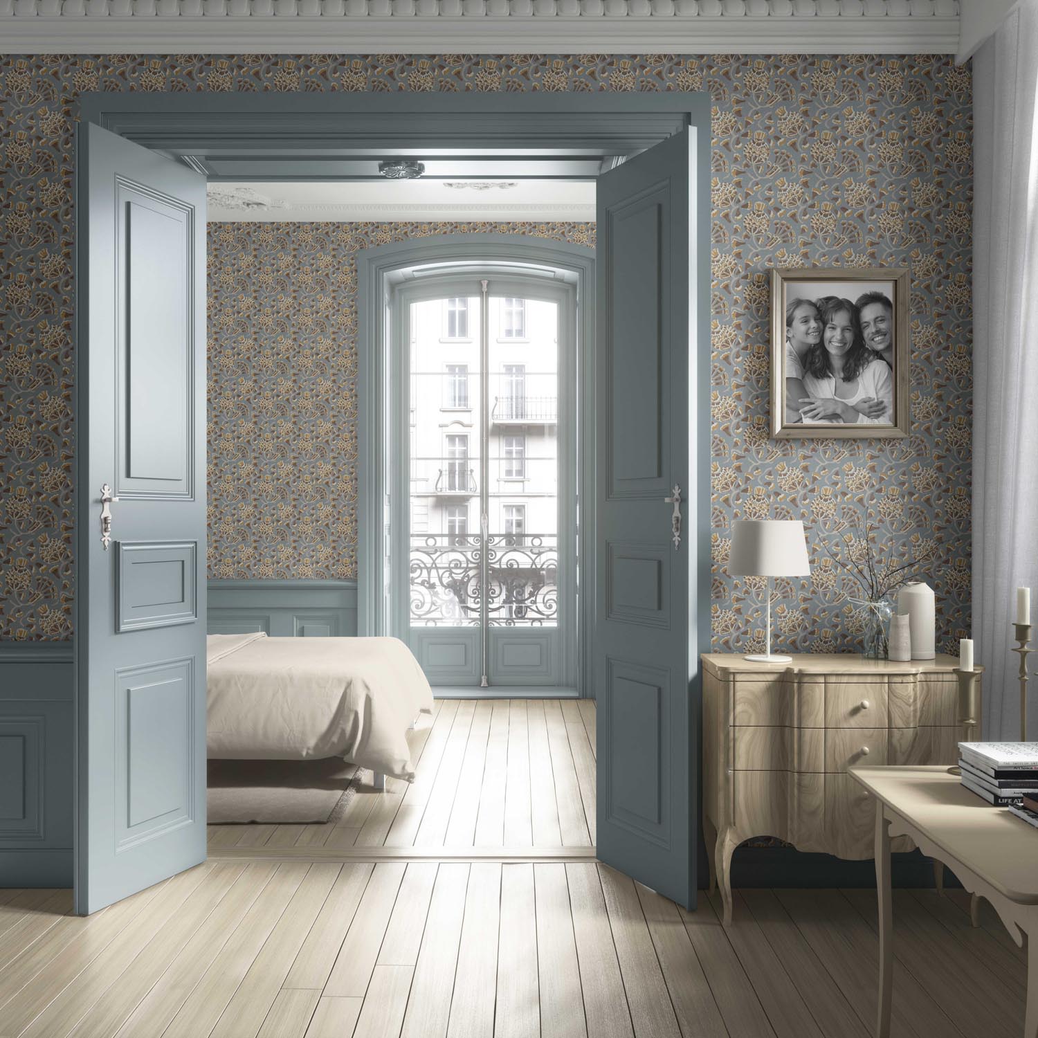 Modern Floral/ Botanical Living Room Wallpaper Sample (Blue-Gray/ Brown/ Gold/ Beige)