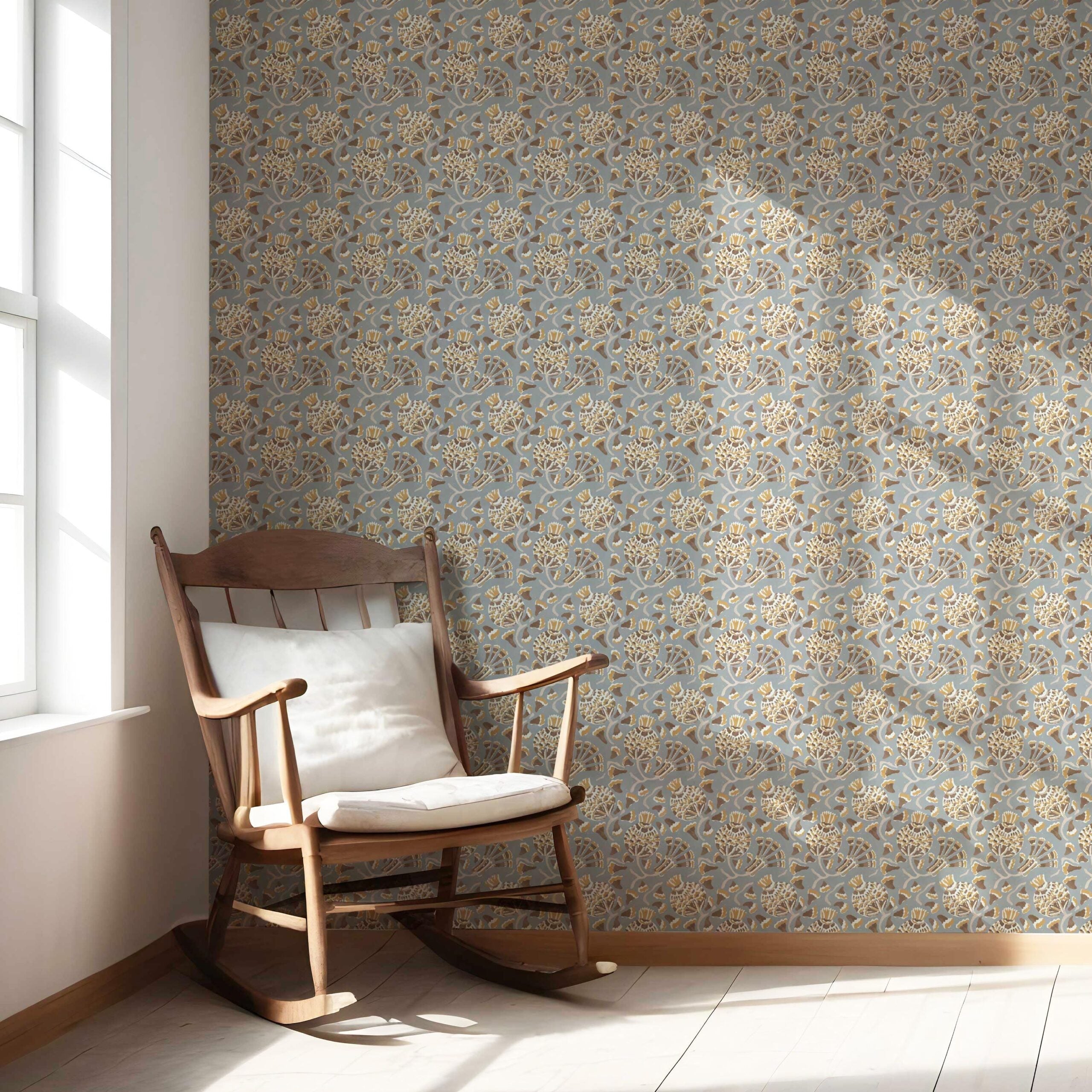 Modern Floral/ Botanical Nursery Wallpaper Sample (Blue-Gray/ Brown/ Gold/ Beige)