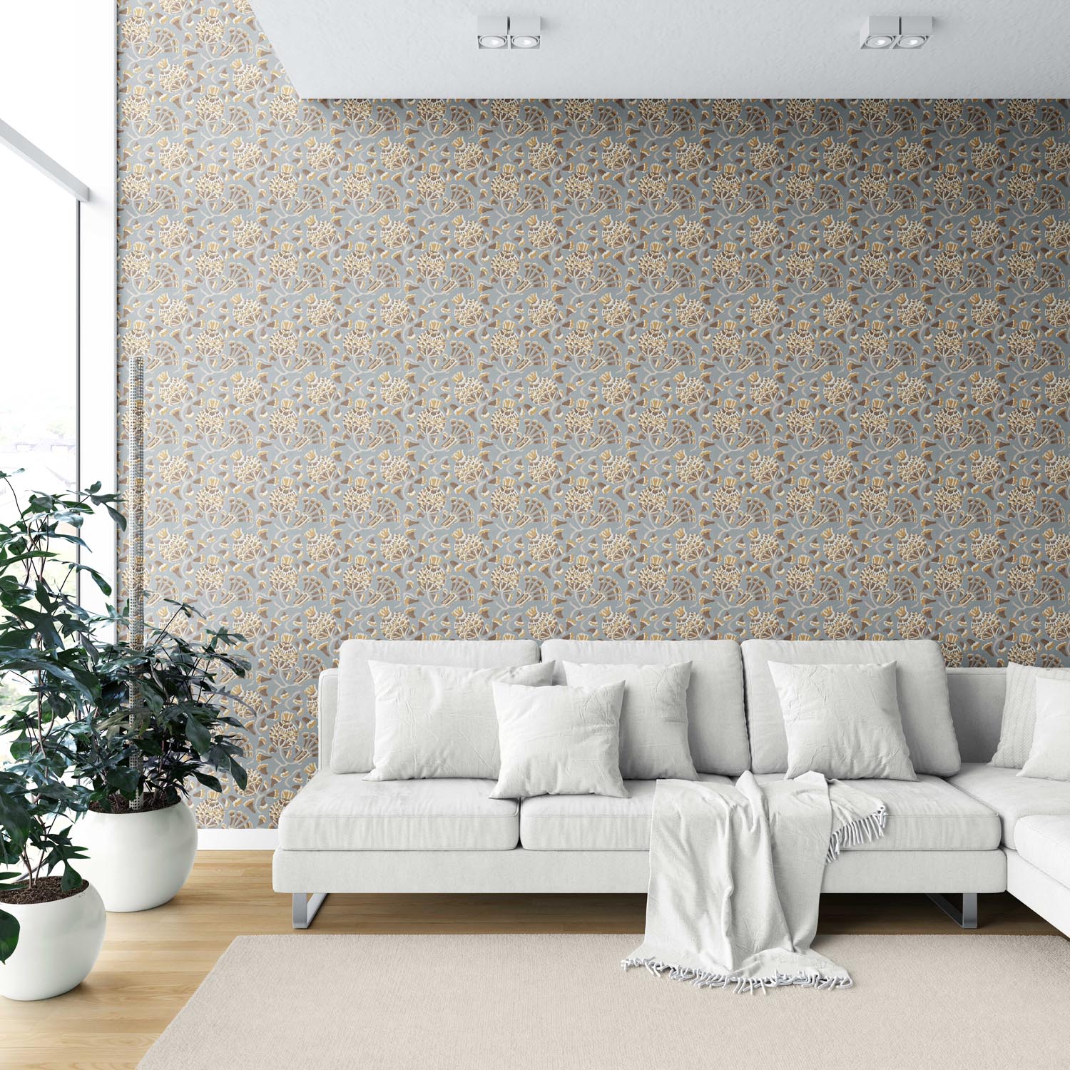 Modern Floral/ Botanical Shower Toilet Wallpaper Sample (Blue-Gray/ Brown/ Gold/ Beige)