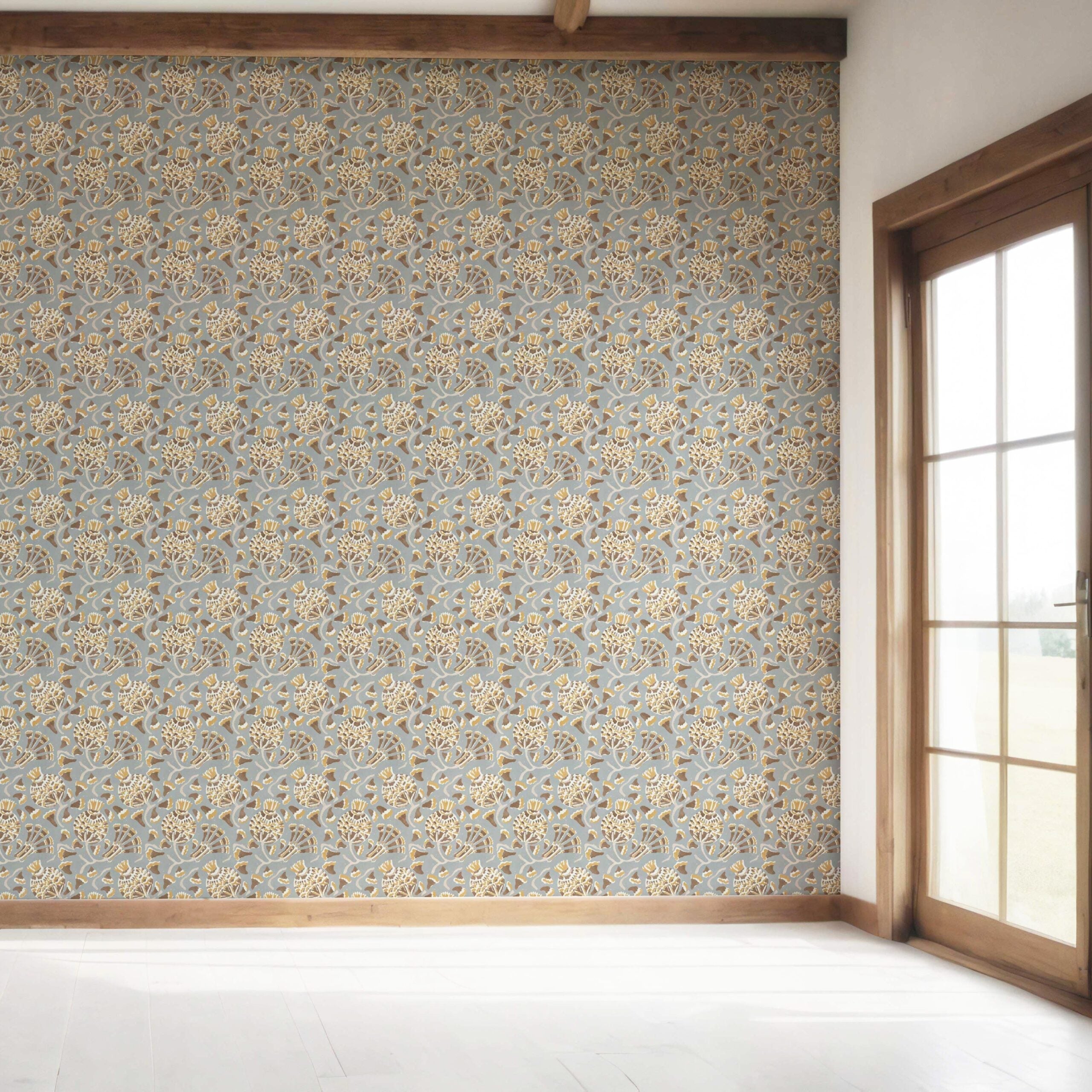 Modern Floral/ Botanical Bedroom Wallpaper Sample (Blue-Gray/ Brown/ Gold/ Beige)