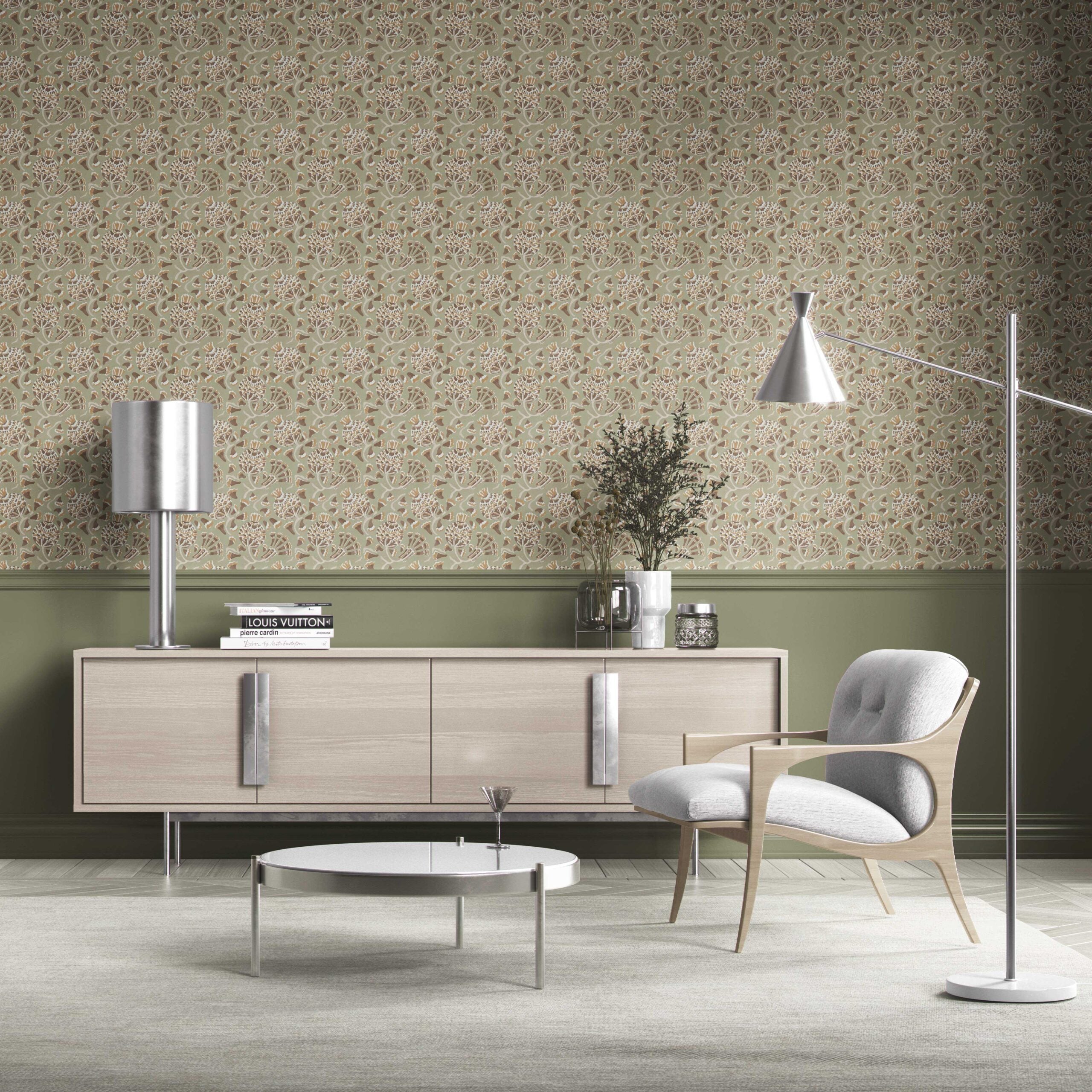 Modern Floral/ Botanical Kitchen Wallpaper Sample (Olive Green/ Brown/ Gold/ Beige)