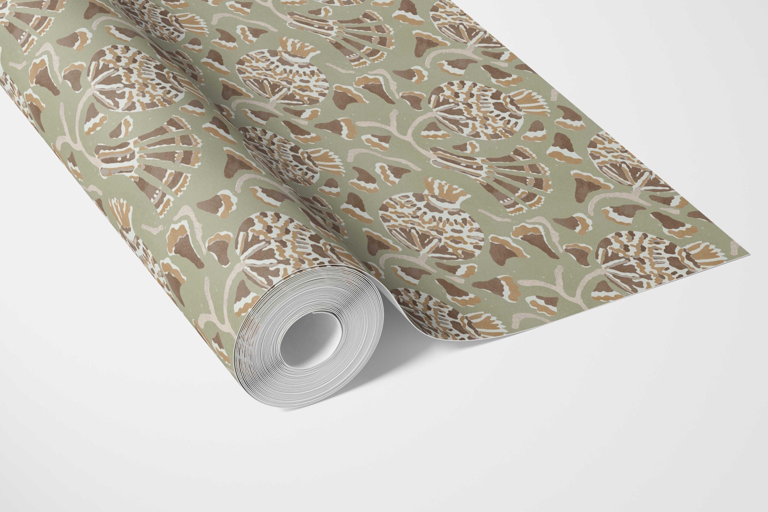 Modern Floral/ Botanical Bathroom Wallpaper Sample (Olive Green/ Brown/ Gold/ Beige)