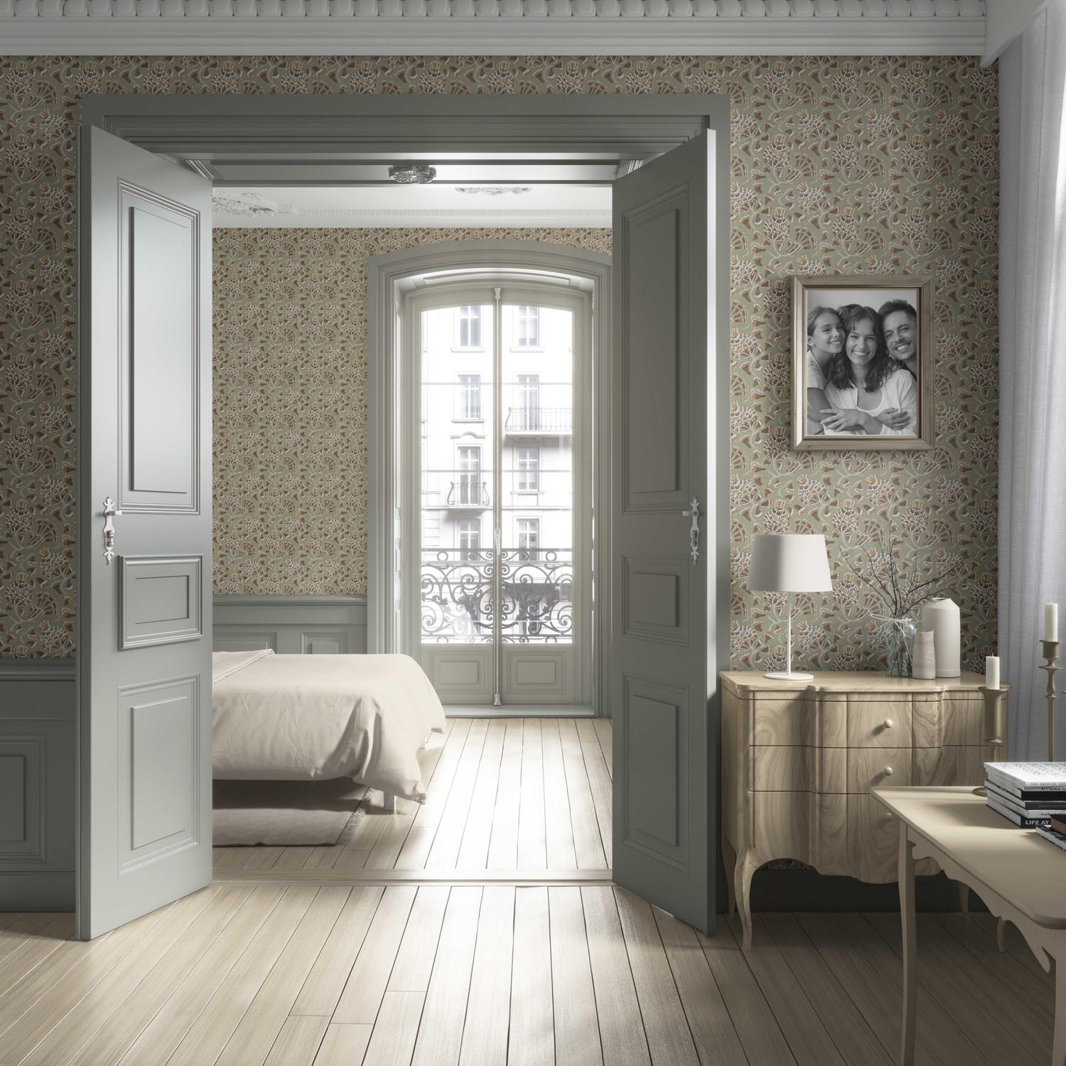 Modern Floral/ Botanical Living Room Wallpaper Sample (Olive Green/ Brown/ Gold/ Beige)