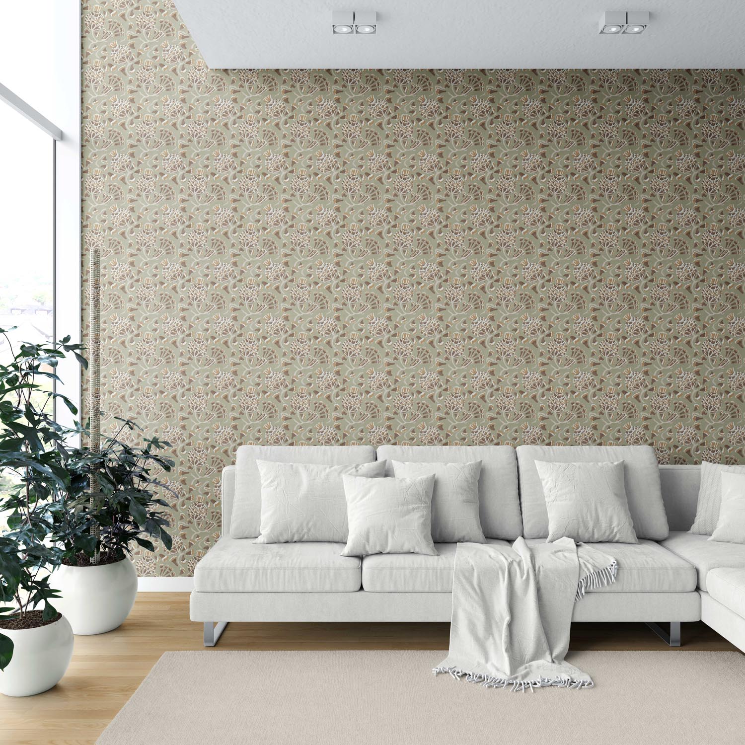 Modern Floral/ Botanical Shower Toilet Wallpaper Sample (Olive Green/ Brown/ Gold/ Beige)