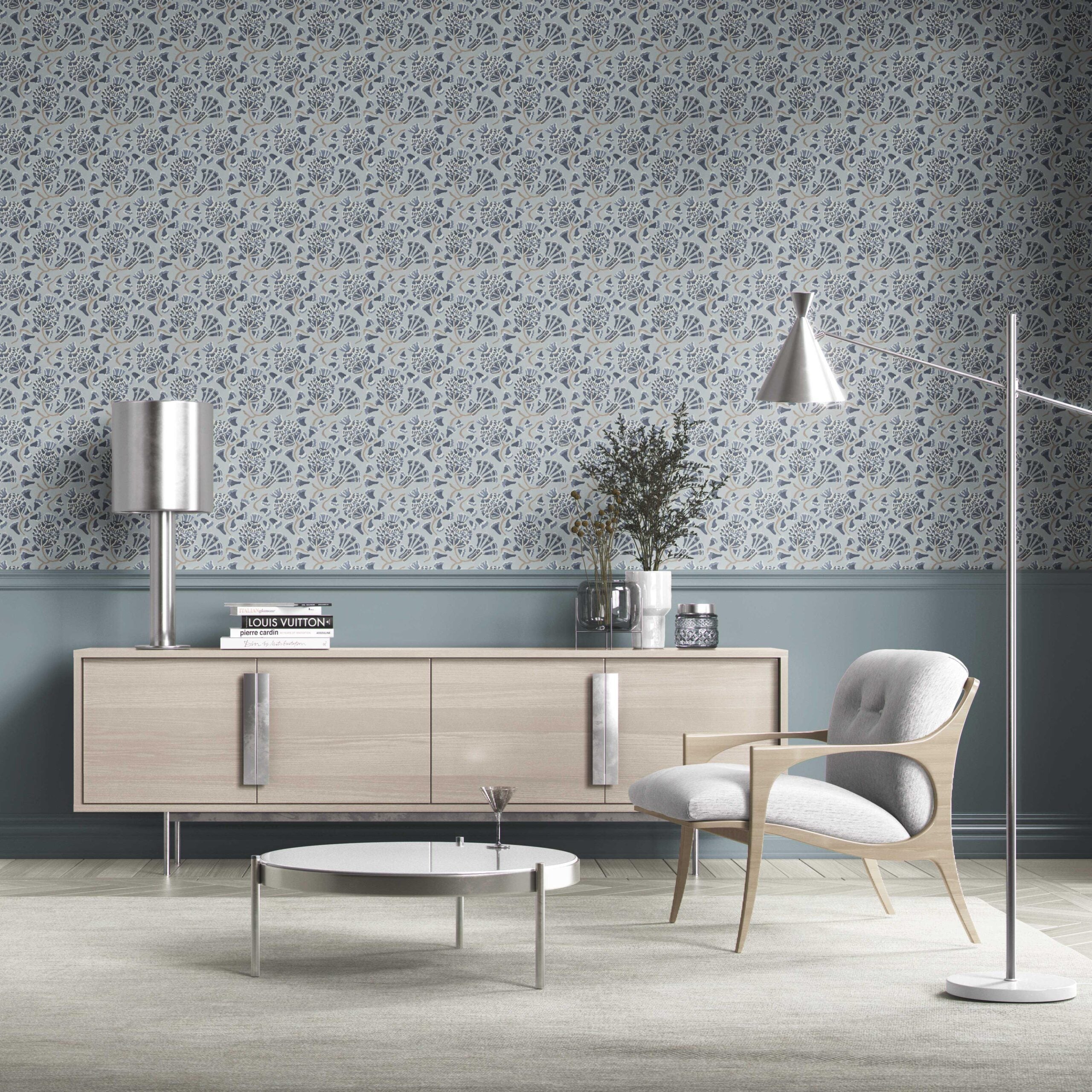 Modern Floral/ Botanical Kitchen Wallpaper Sample (Slate Blue/ Gray)