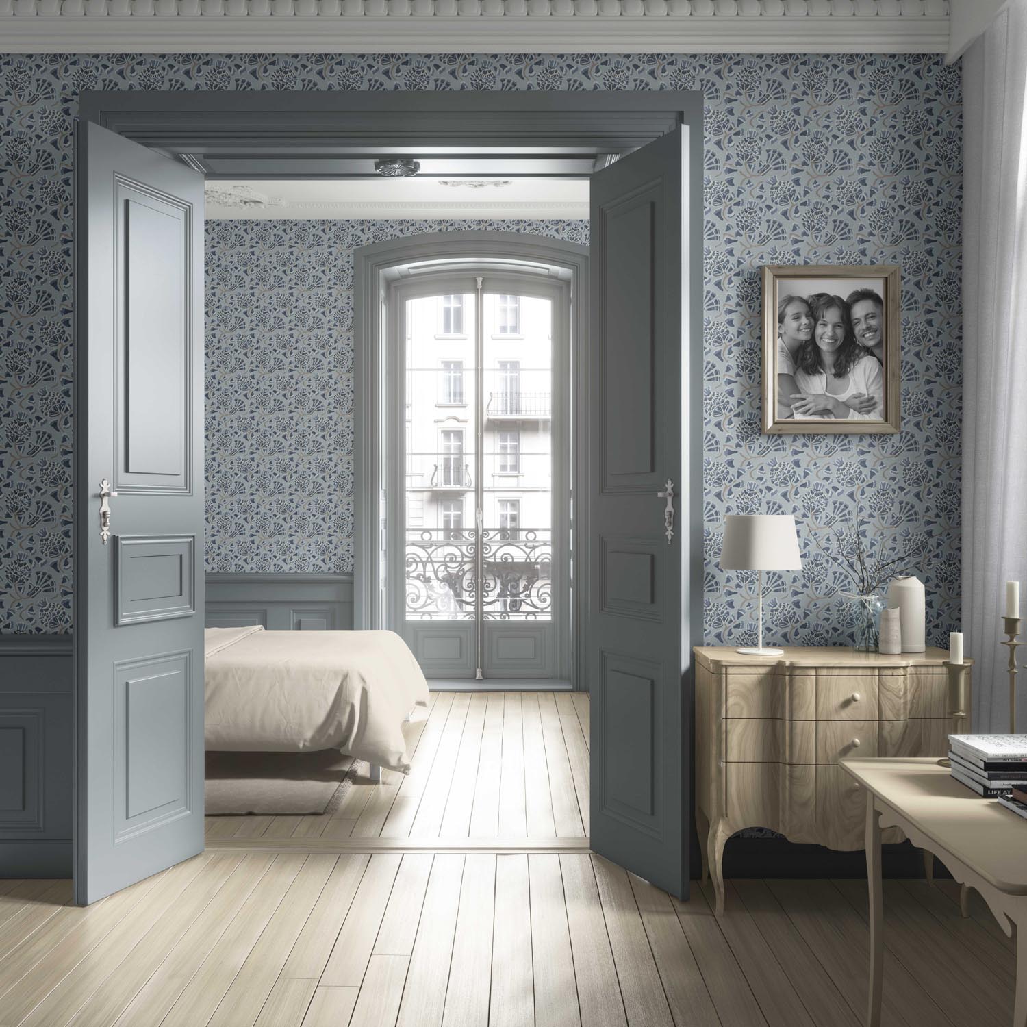 Modern Floral/ Botanical Living Room Wallpaper Sample (Slate Blue/ Gray)
