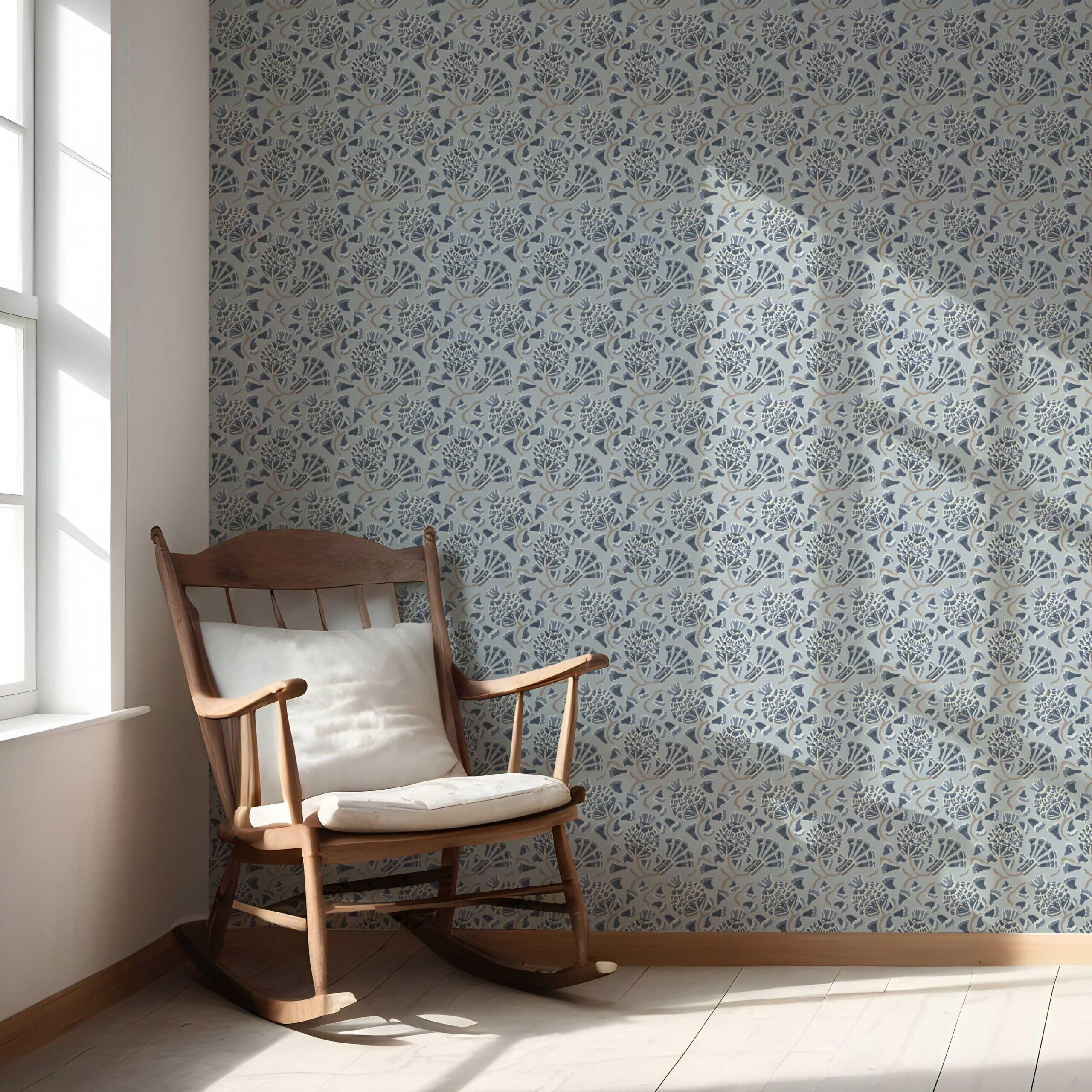 Modern Floral/ Botanical Nursery Wallpaper Sample (Slate Blue/ Gray)