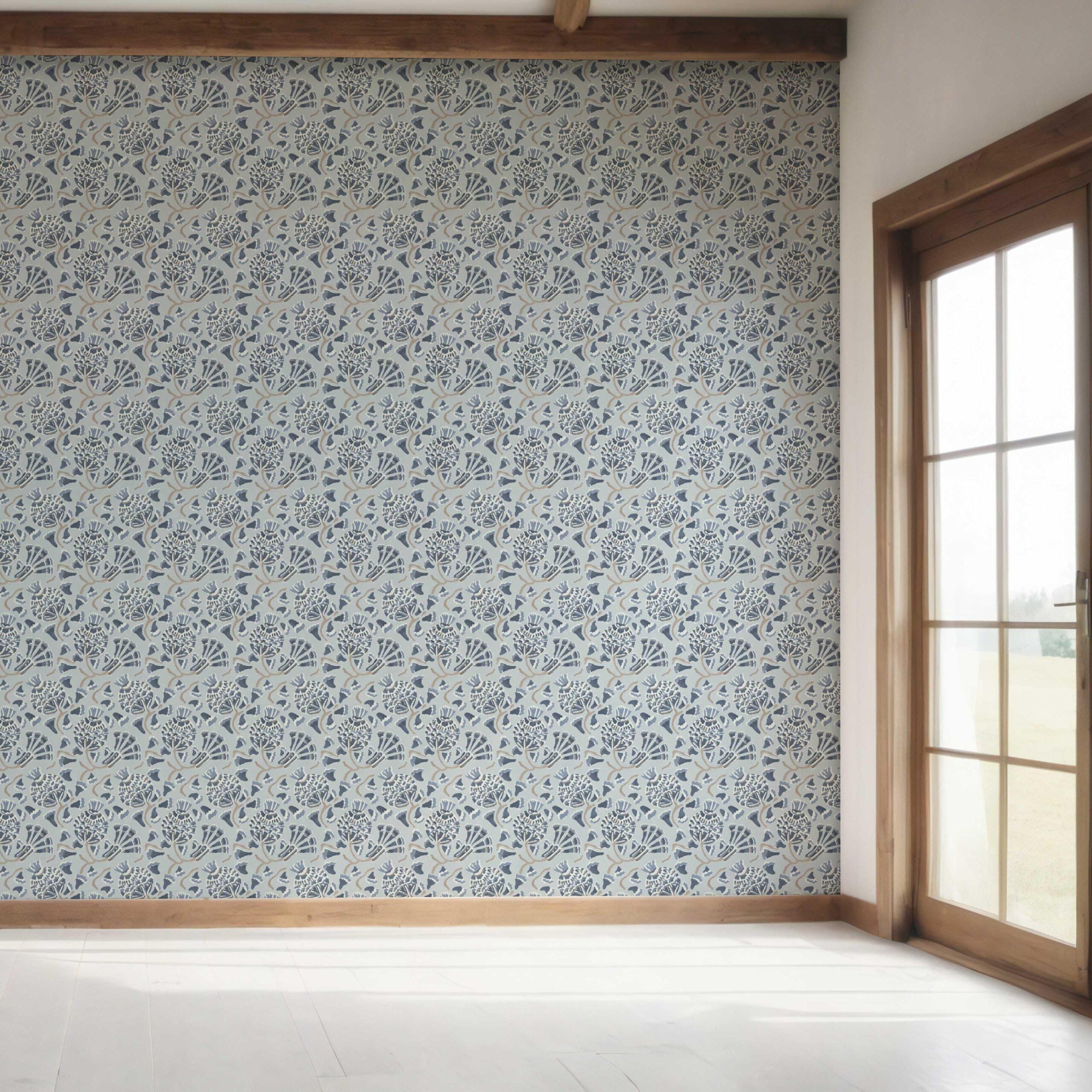 Modern Floral/ Botanical Bedroom Wallpaper Sample (Slate Blue/ Gray)
