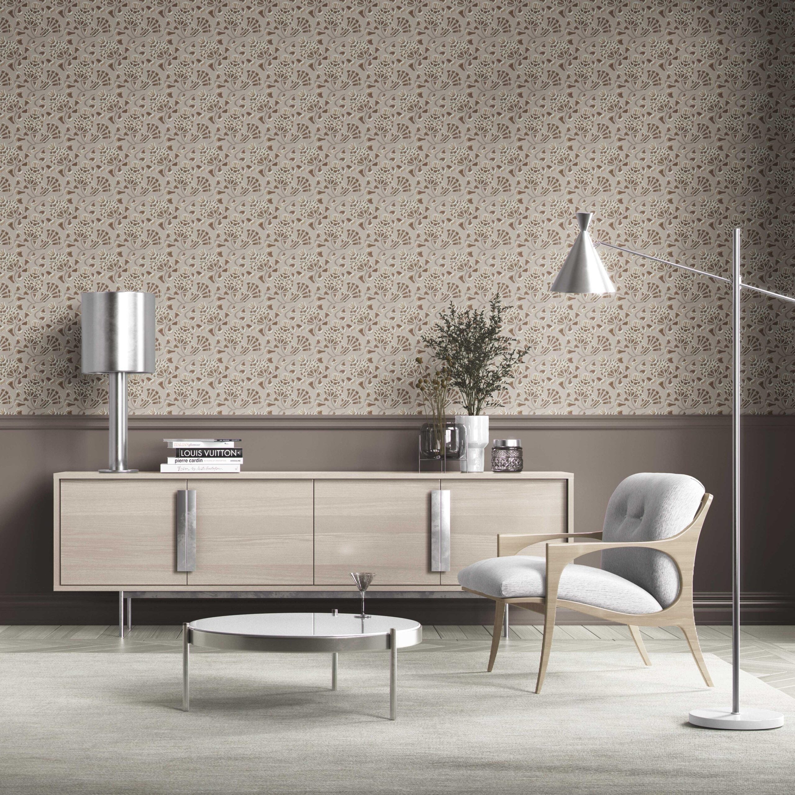 Neutral Modern Floral/ Botanical Kitchen Wallpaper (Taupe/ Brown/ Greige)