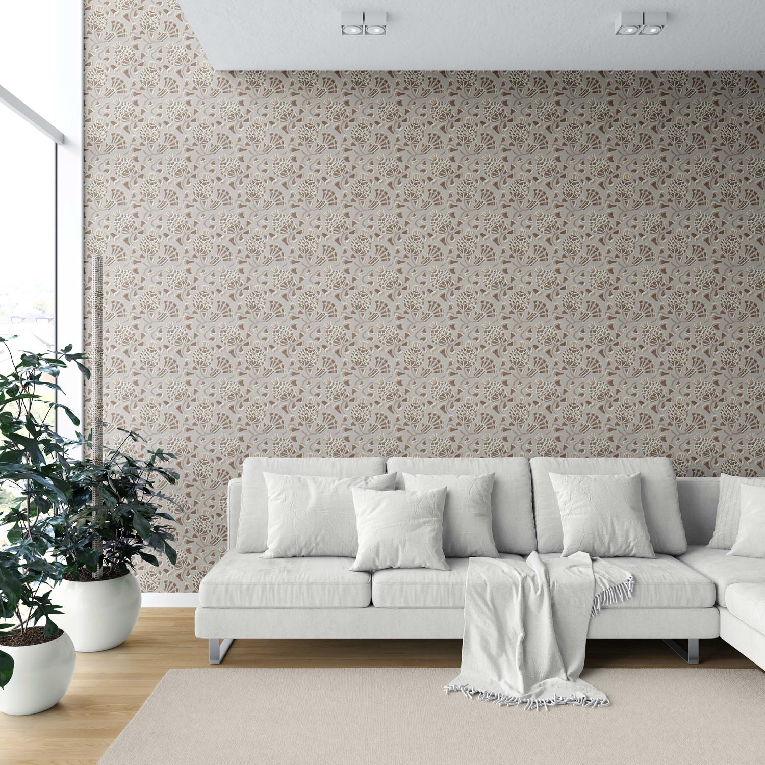Neutral Modern Floral/ Botanical Shower Toilet Wallpaper Sample (Taupe/ Brown/ Greige)