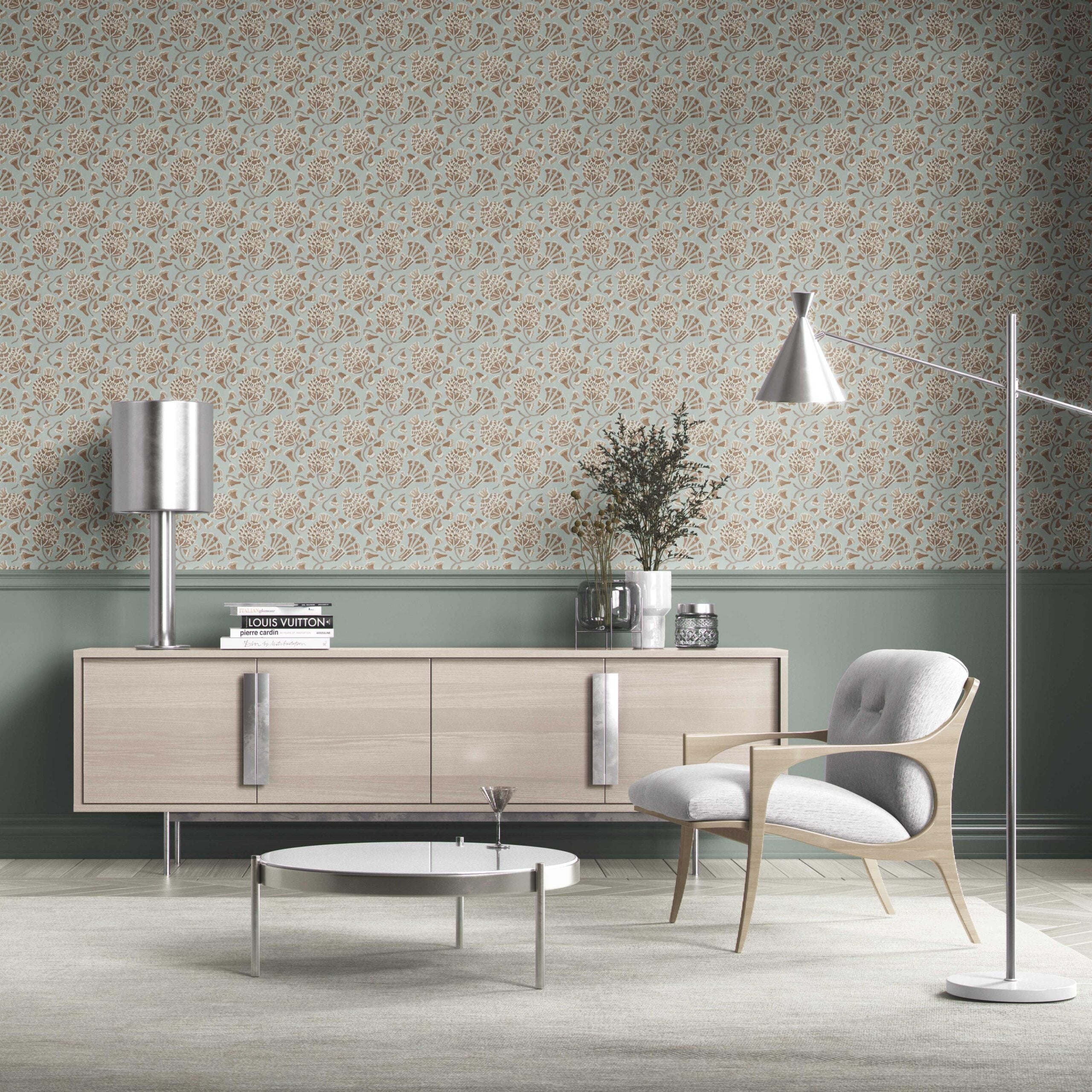 Modern Floral/ Botanical Kitchen Wallpaper Sample (Blue/ Brown/ Beige)