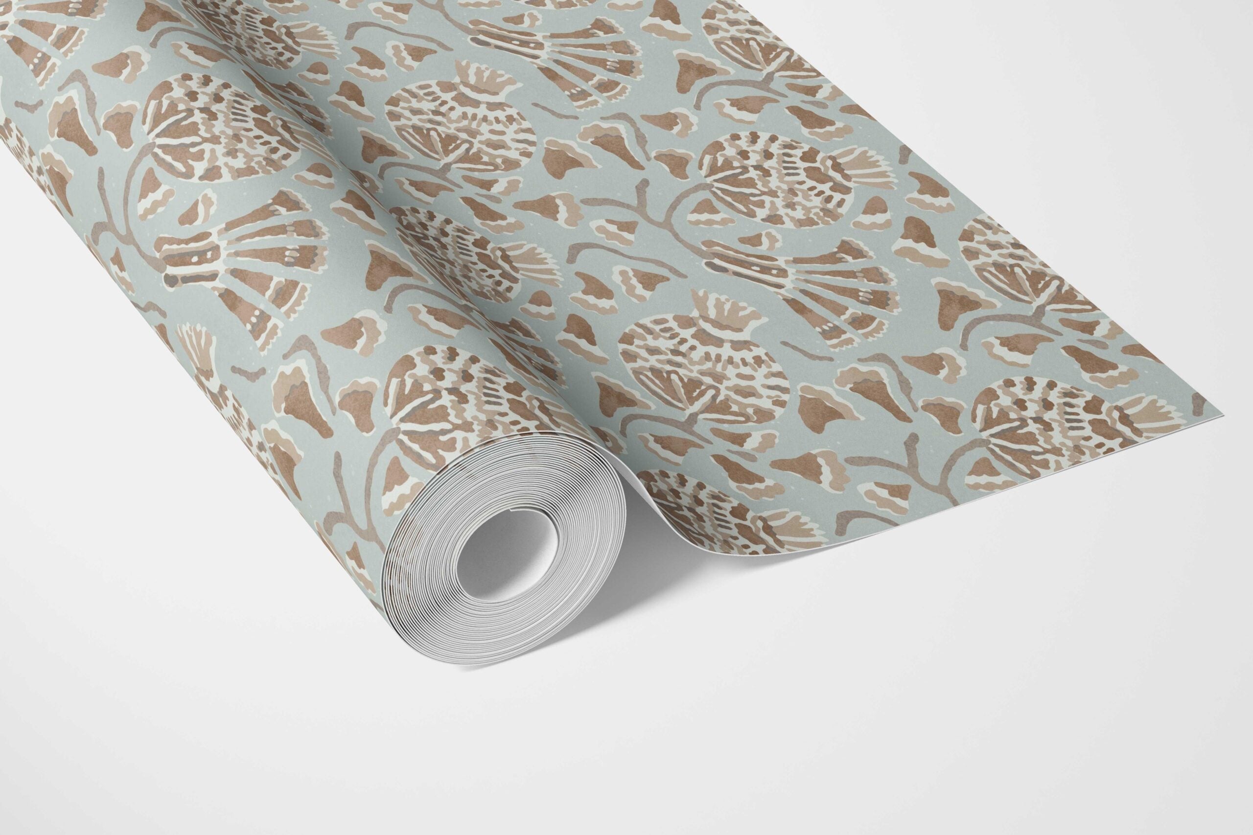 Modern Floral/ Botanical Bathroom Wallpaper Sample (Blue/ Brown/ Beige)