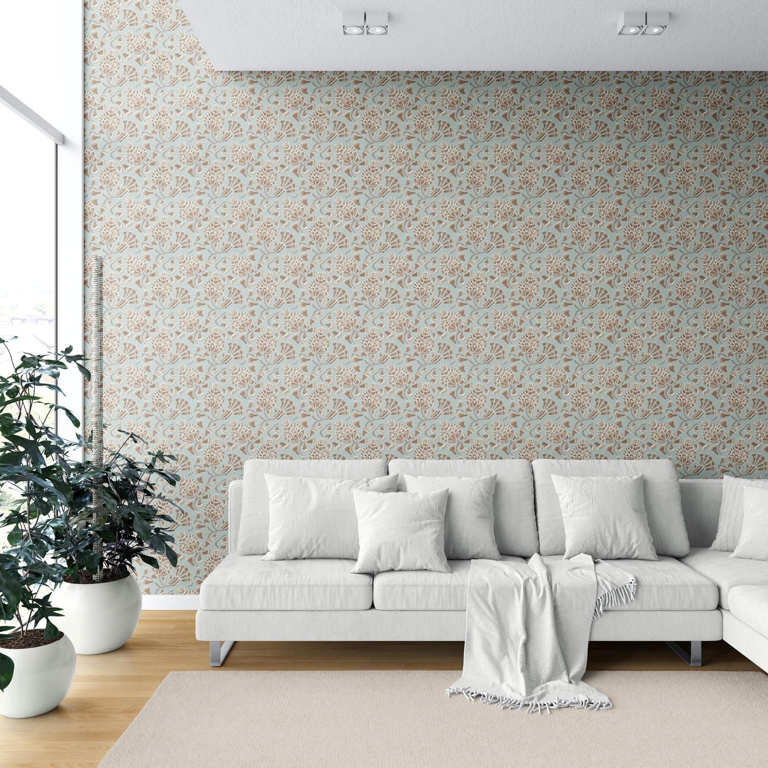 Modern Floral/ Botanical Shower Toilet Wallpaper (Blue/ Brown/ Beige)