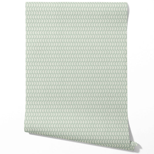 Small Paisley Floral Patterned Print Traditional Wallpaper (Green/ White)