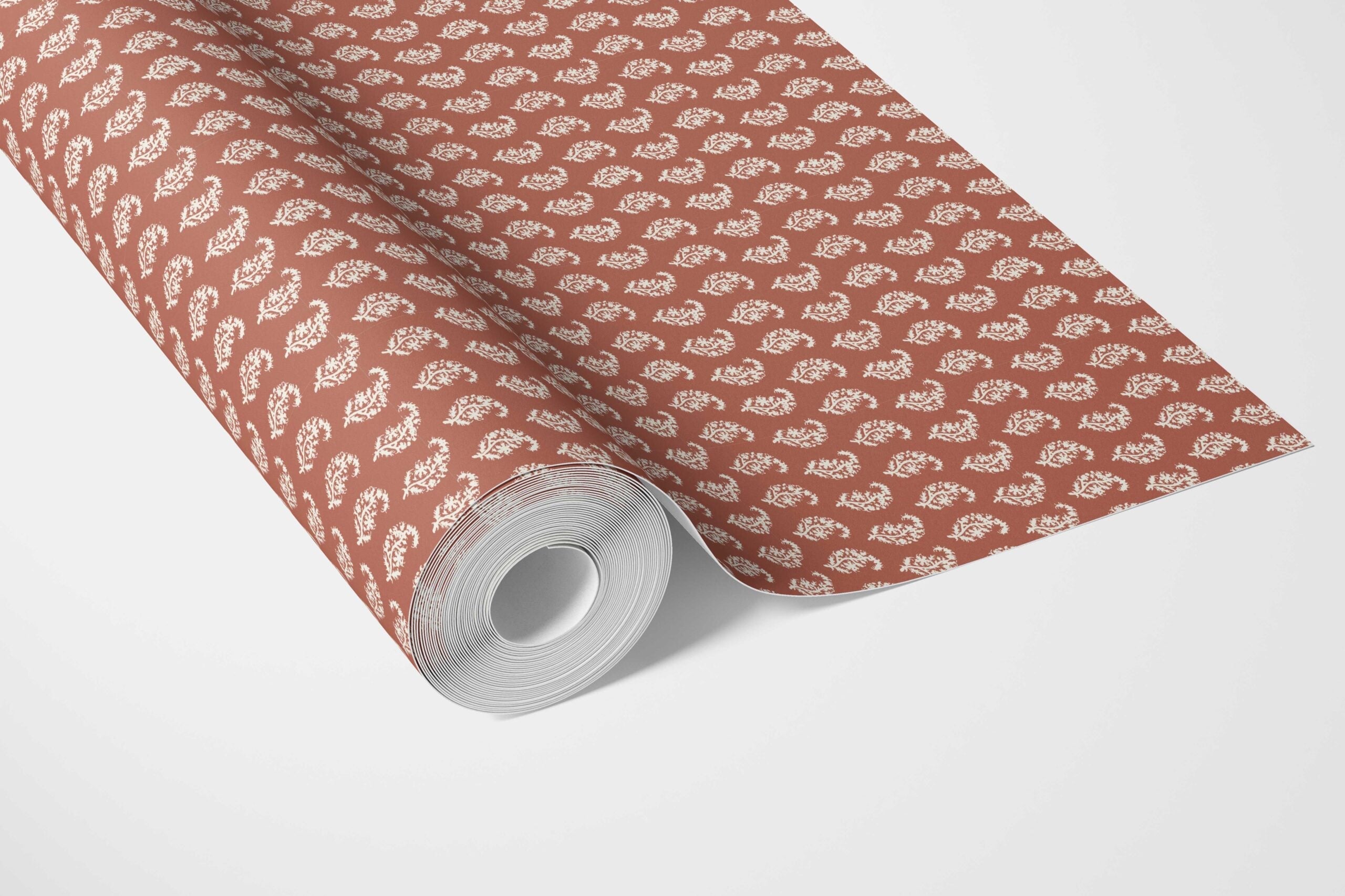 Small Paisley Floral Patterned Print Kitchen Wallpaper Sample (Brick Red/ White)