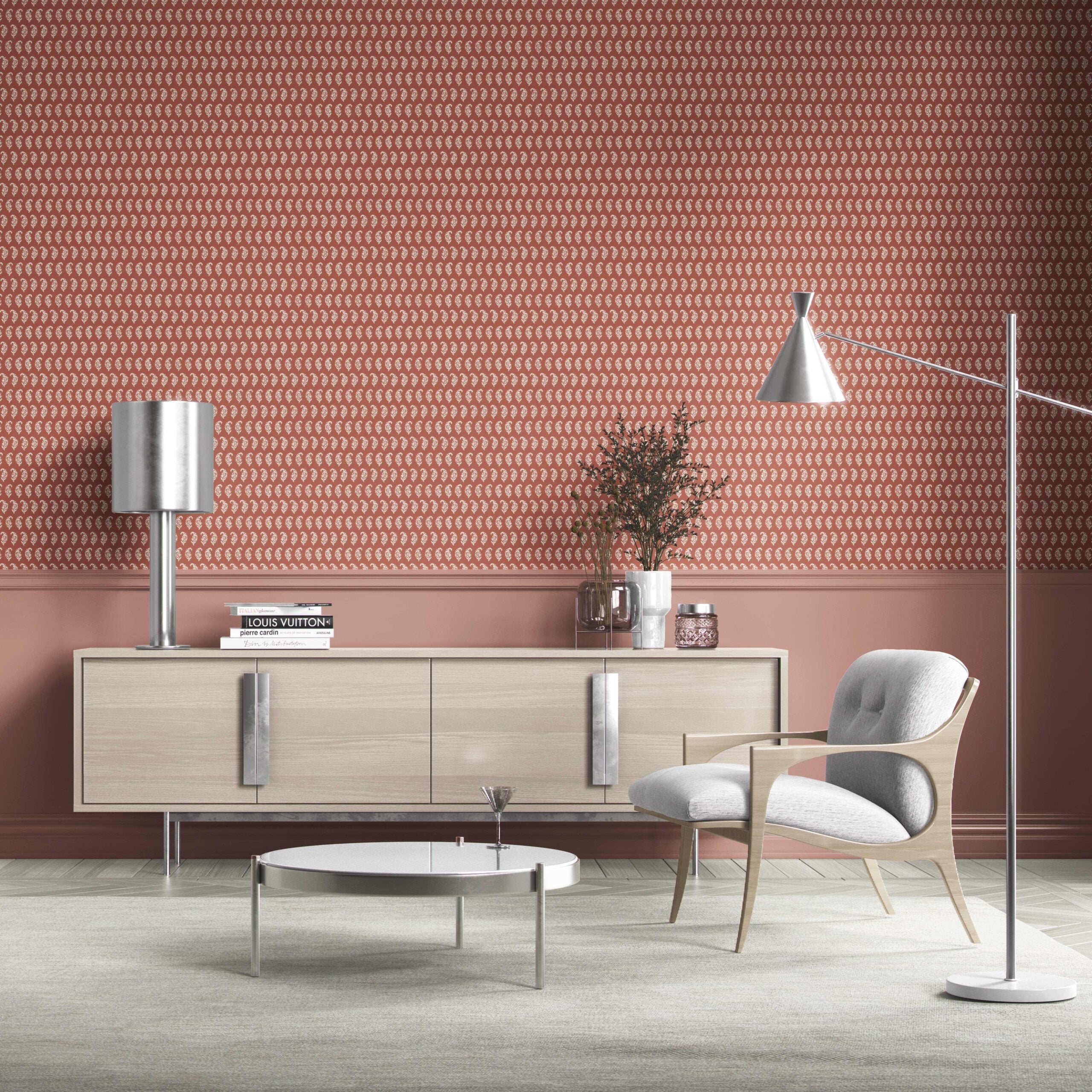 Small Paisley Floral Patterned Print Bathroom Wallpaper Sample (Brick Red/ White)