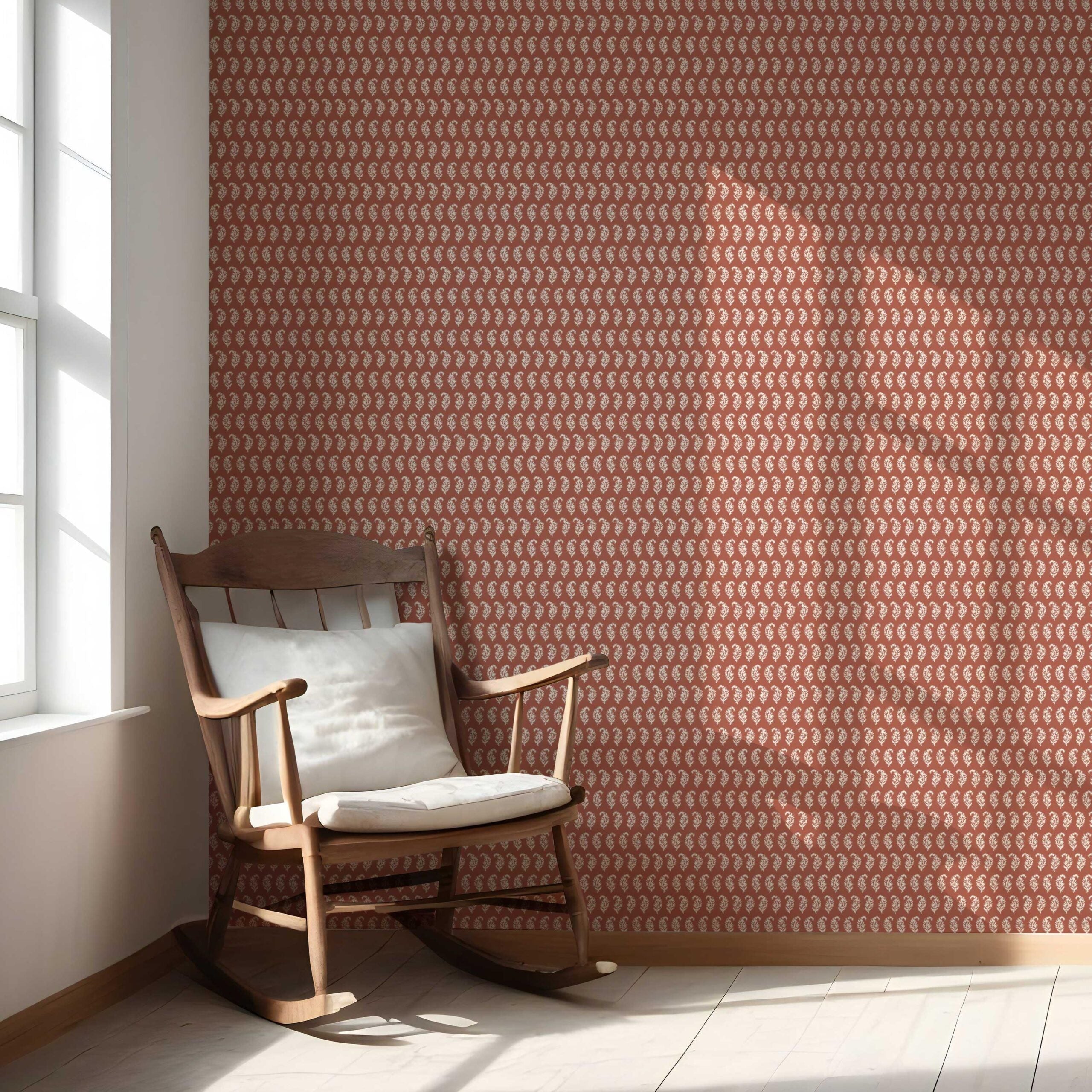 Small Paisley Floral Patterned Print Nursery Wallpaper Sample (Brick Red/ White)
