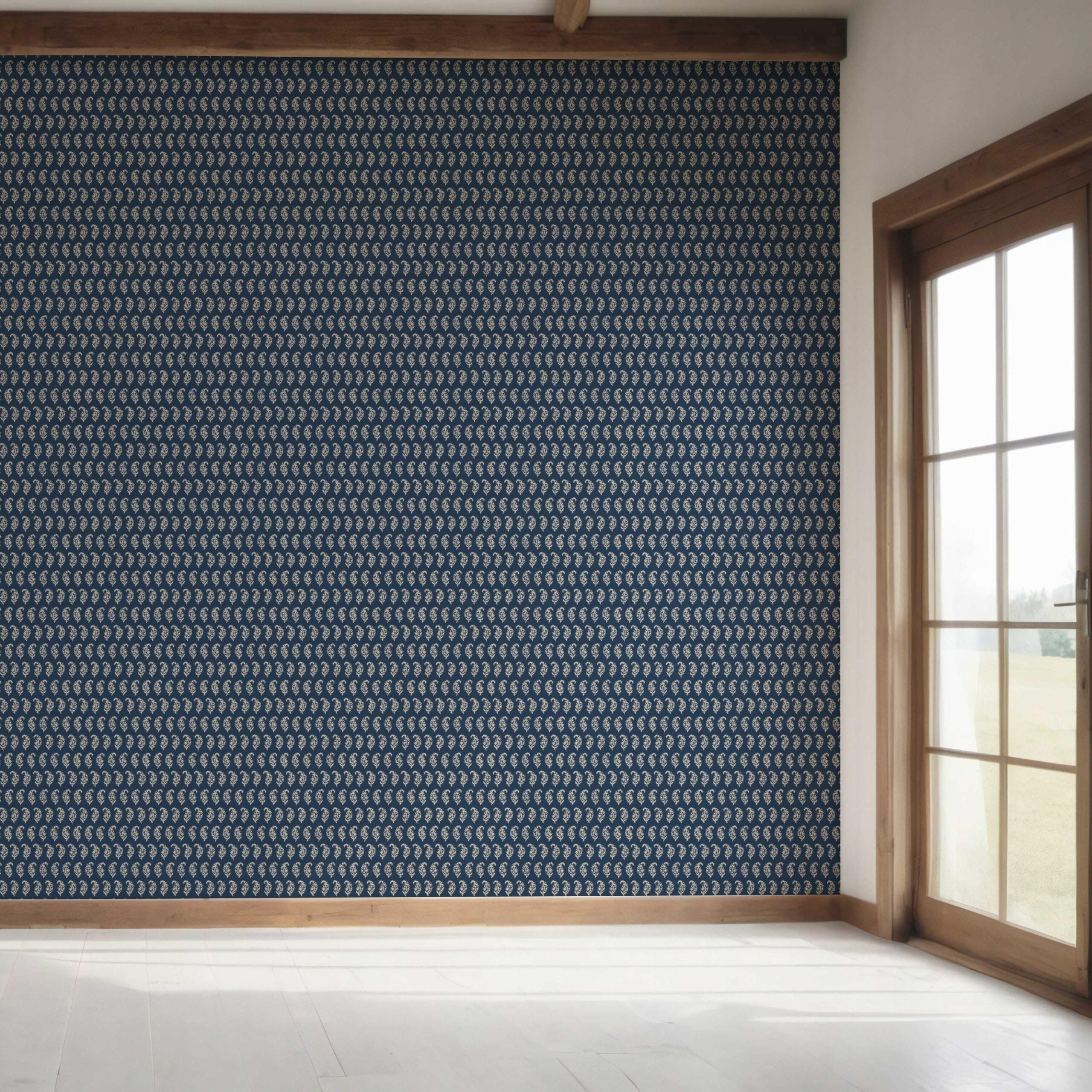 Small Paisley Floral Patterned Print Bedroom Wallpaper Sample (Navy Blue/ White)