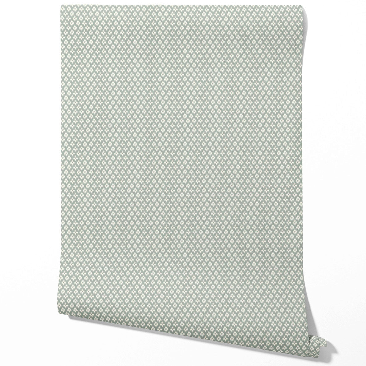 Small Geometric Ikat-Style Floral Block Print Kitchen Wallpaper Sample (Green/ White)