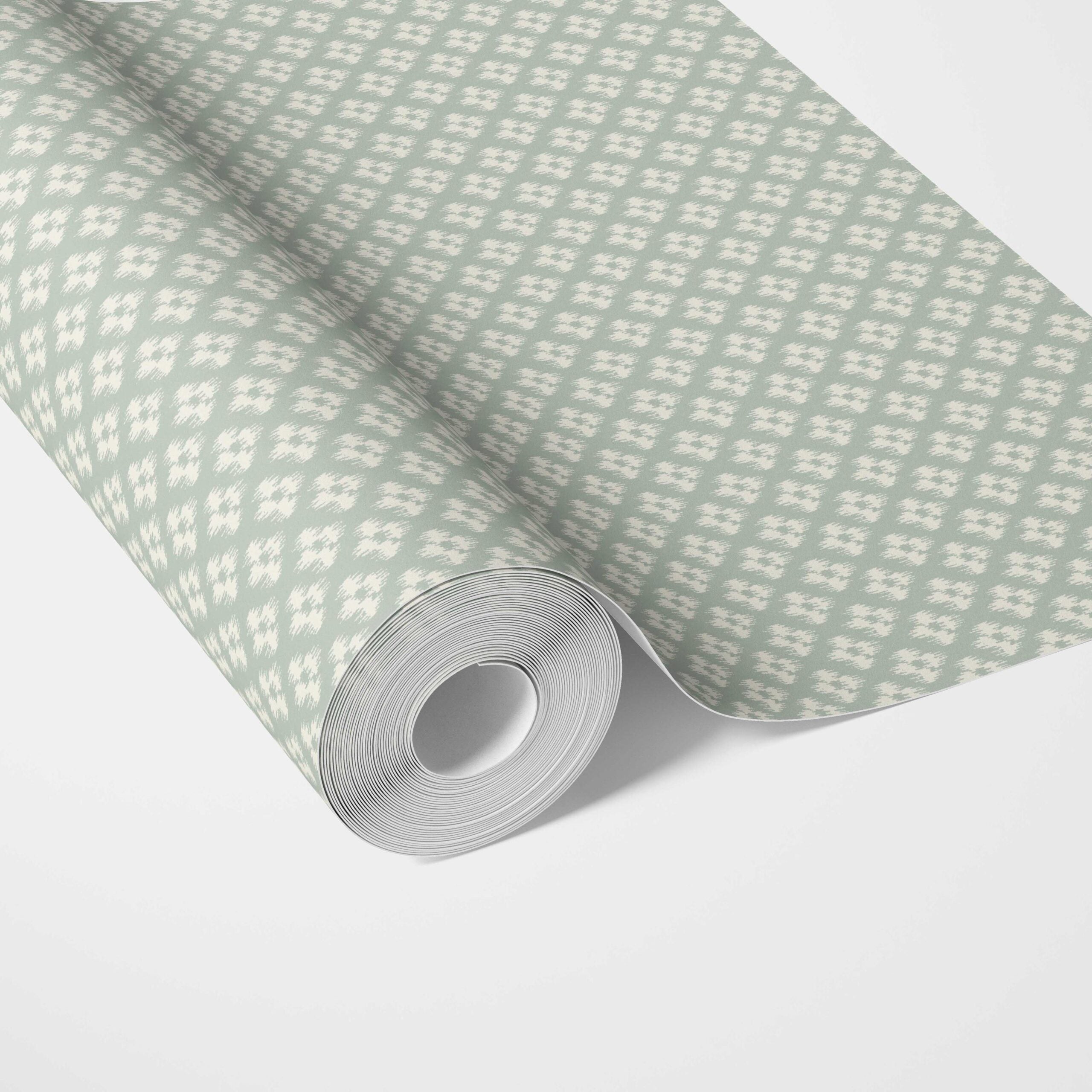 Small Geometric Ikat-Style Floral Block Print Traditional Wallpaper (Duck Egg Blue/ White)