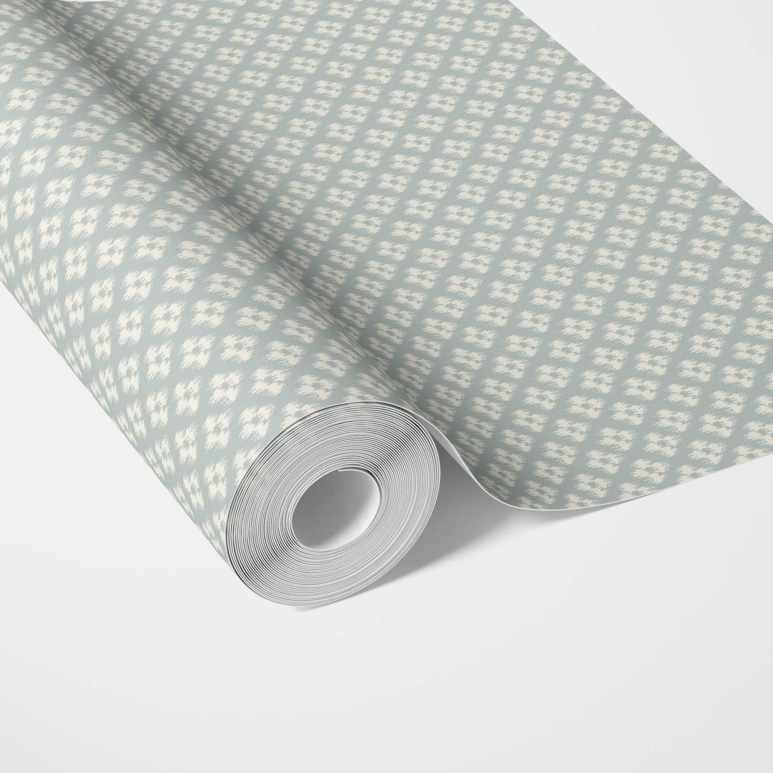 Small Geometric Ikat-Style Floral Block Print Traditional Wallpaper (Duck Egg Blue/ White)