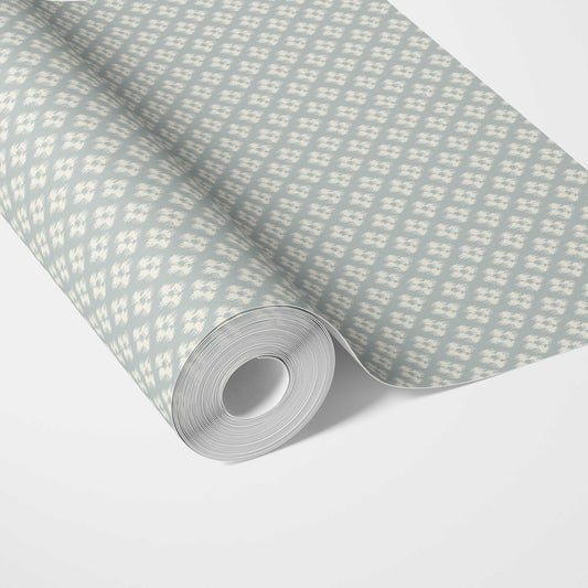 Small Geometric Ikat-Style Floral Block Print Traditional Wallpaper (Duck Egg Blue/ White)