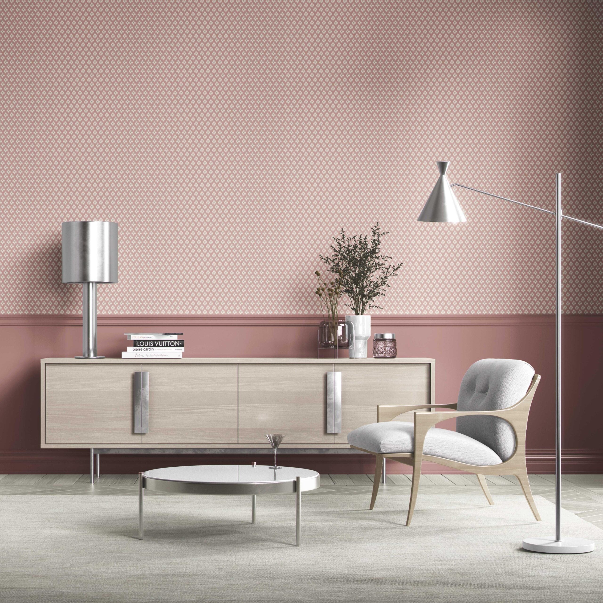 Small Geometric Ikat-Style Floral Block Print Bathroom Wallpaper Sample (Pink/ White)