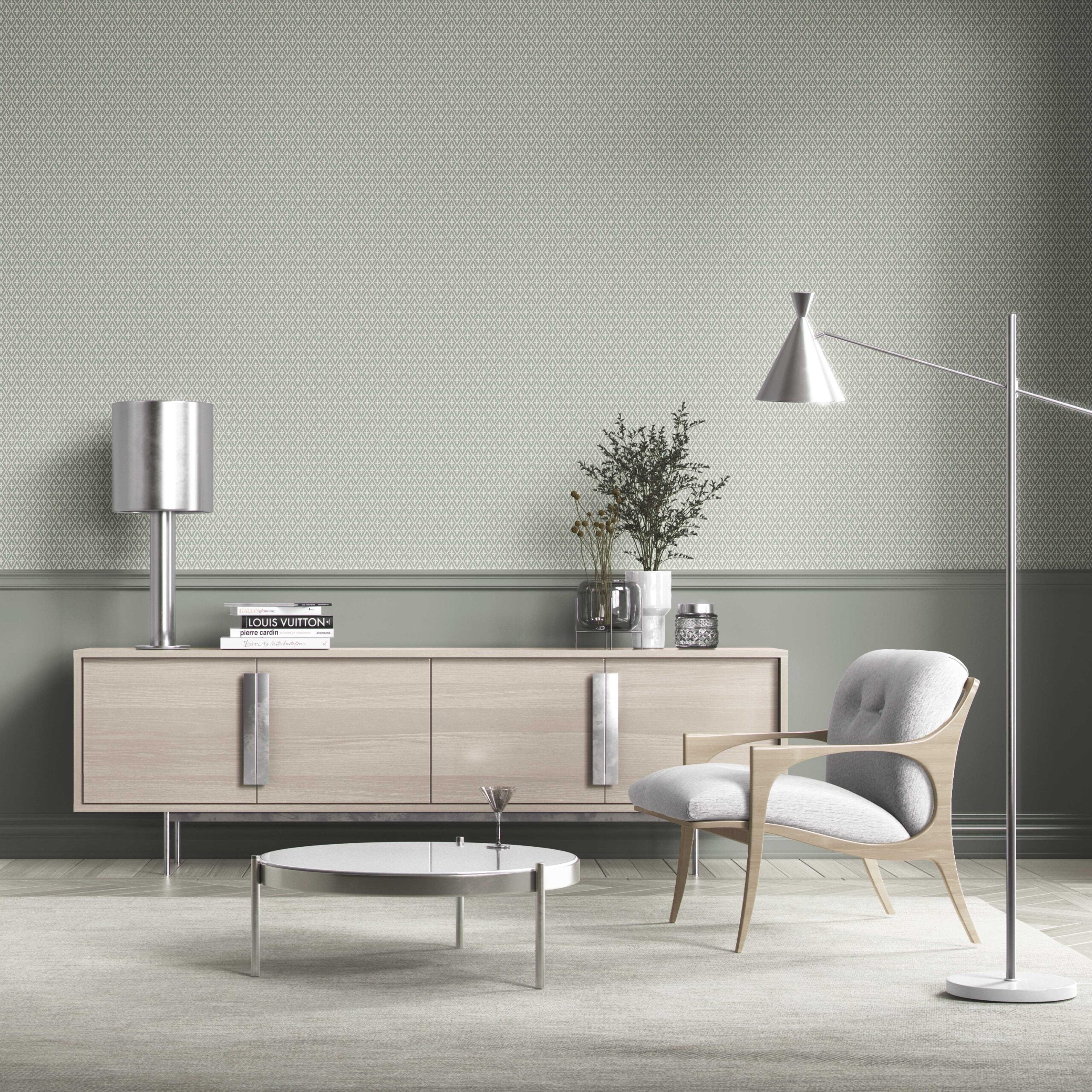 Geometric Diamond Lattice Bathroom Wallpaper (Green-Gray/ White)