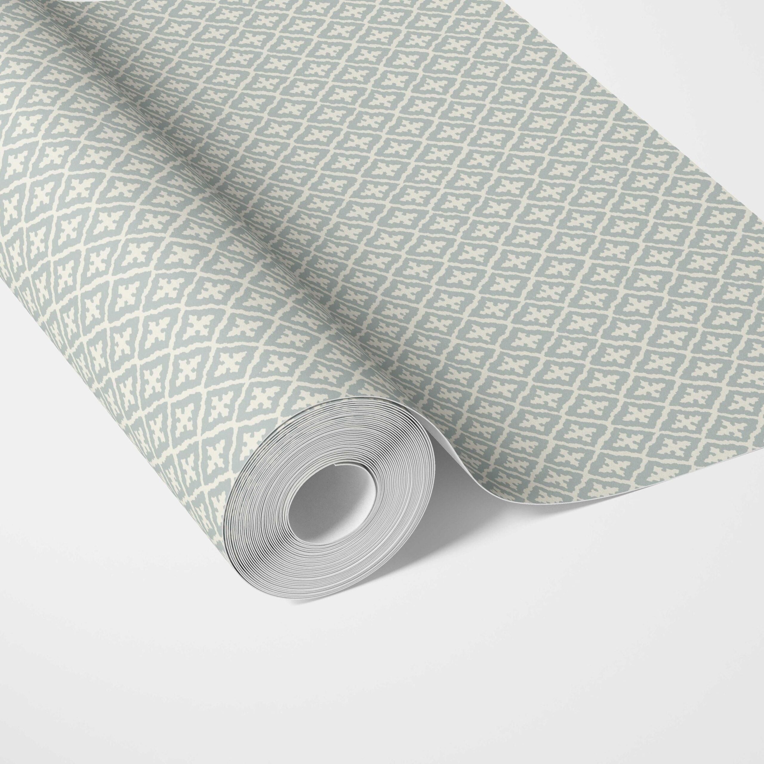 Geometric Diamond Lattice Traditional Wallpaper Sample (Blue-Gray/ White)