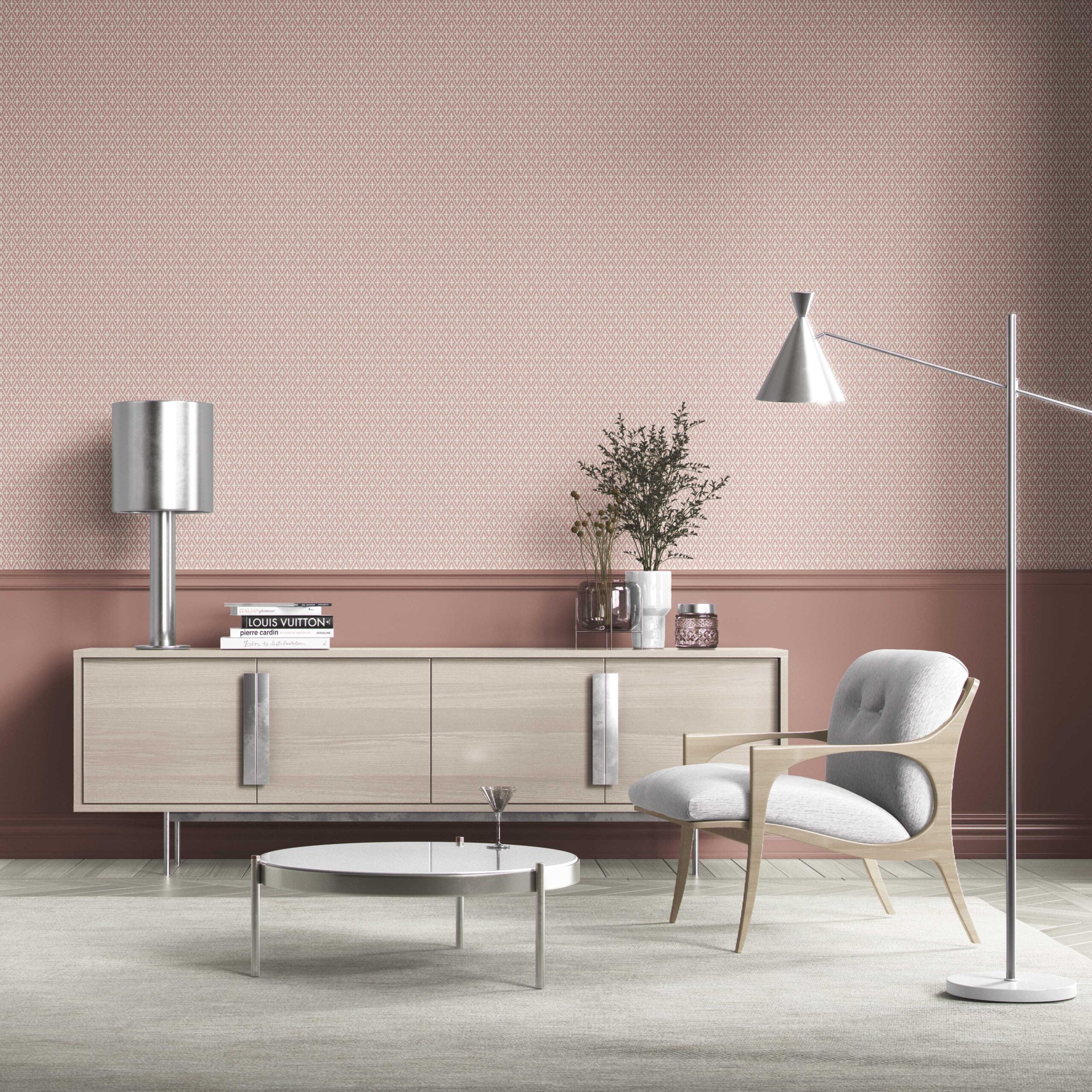 Geometric Diamond Lattice Bathroom Wallpaper (Dusty Rose Pink/ White)
