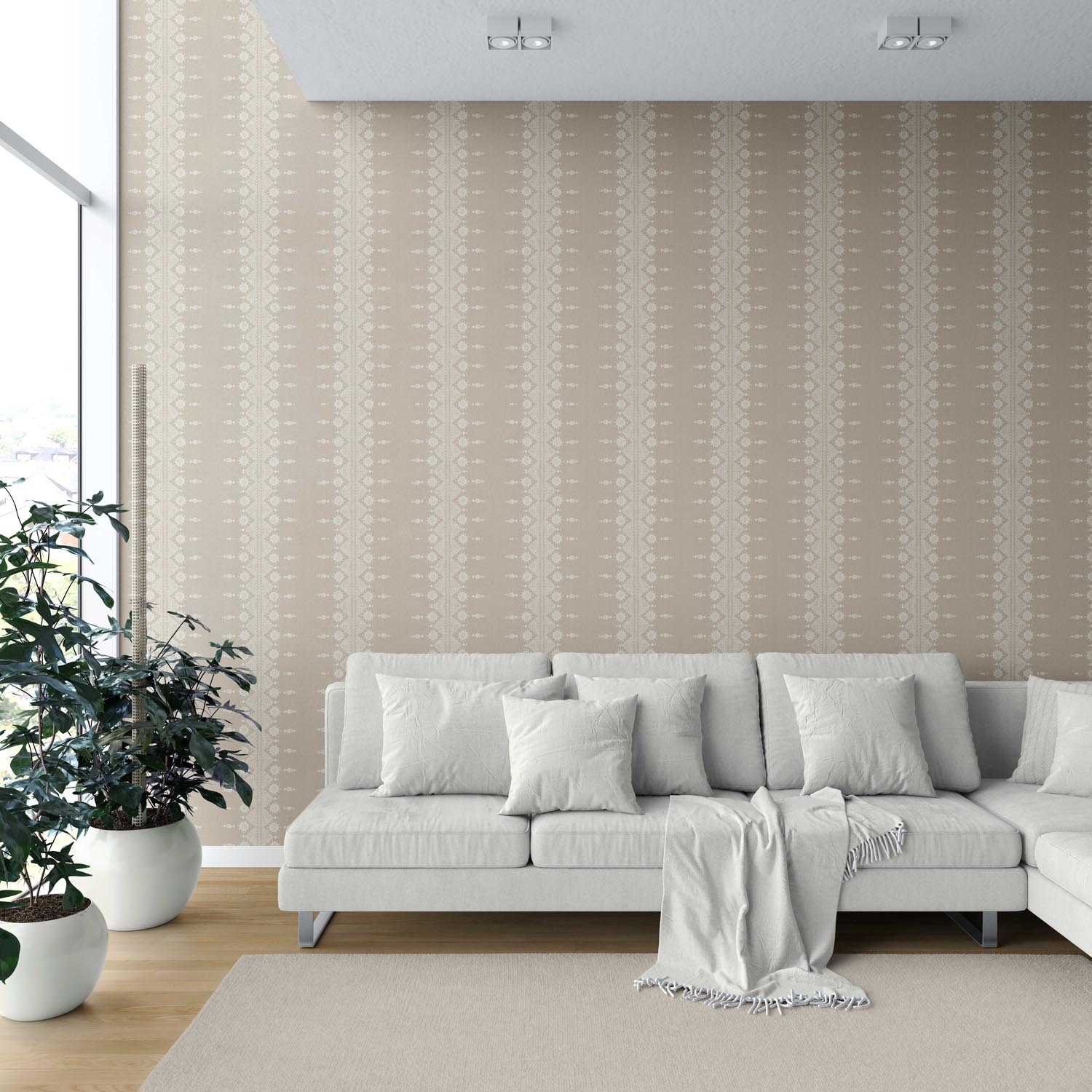 Neutral Floral Striped Shower Toilet Wallpaper Sample (Beige/ Off-White)