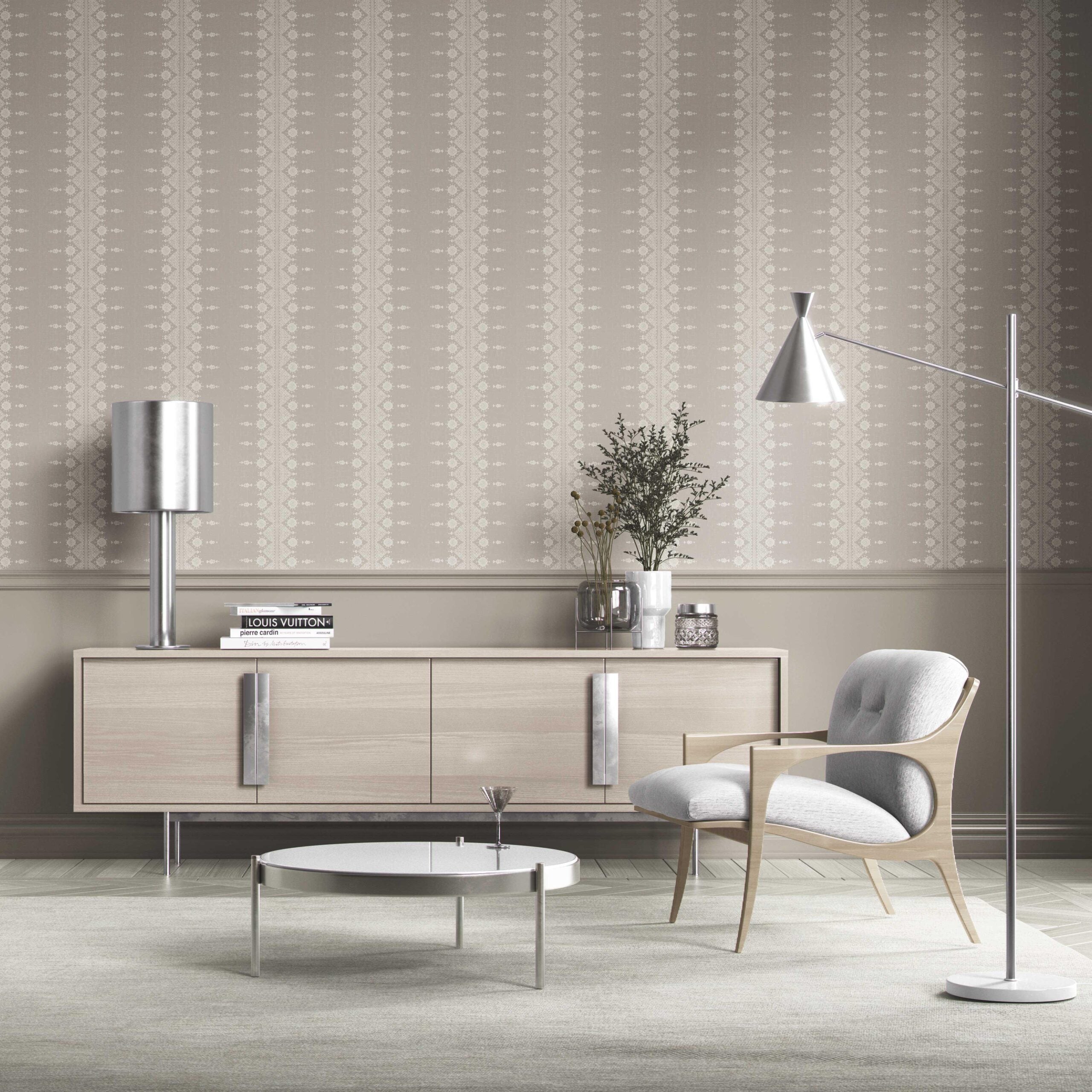 Neutral Floral Striped Kitchen Wallpaper Sample (Gray/ Off White)