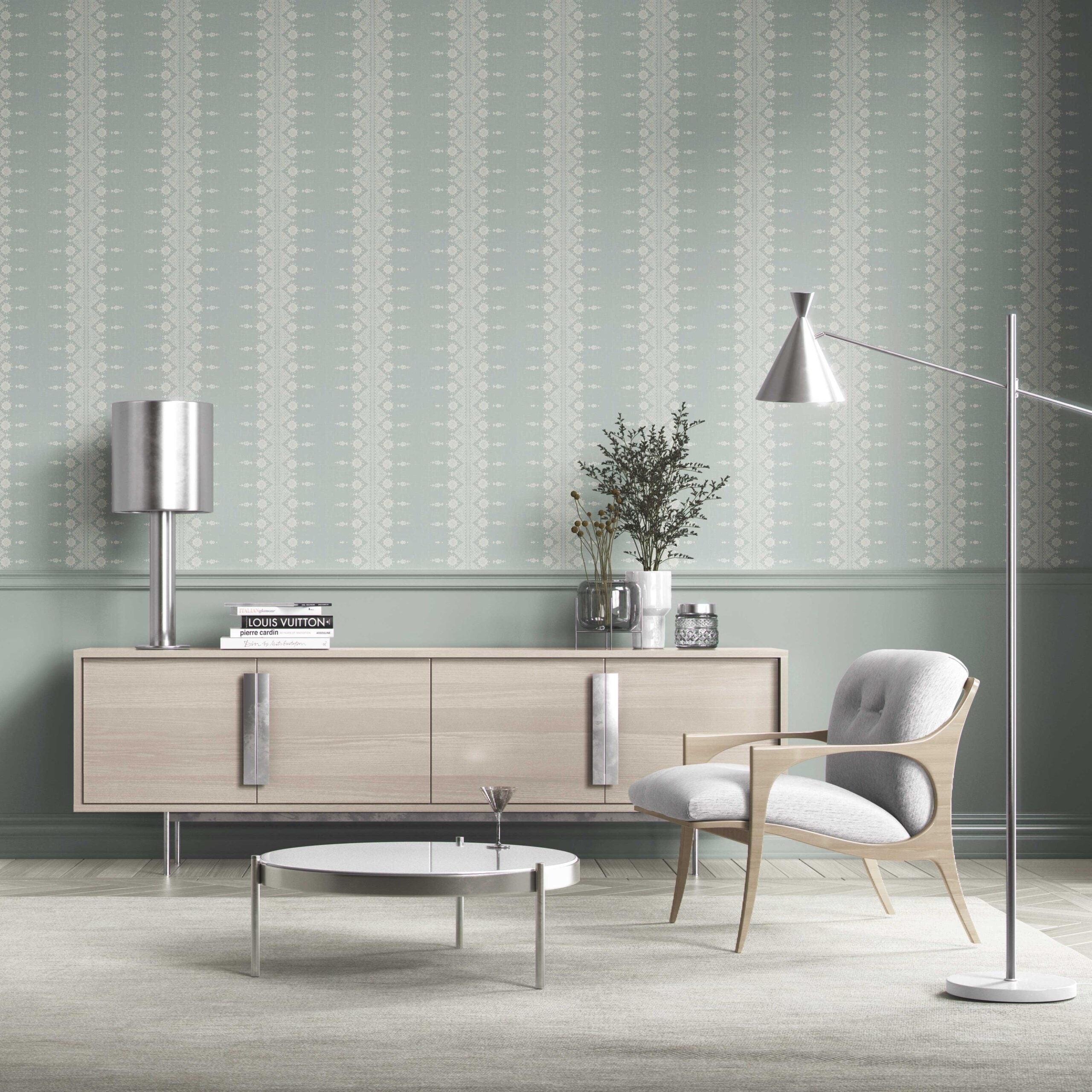 Floral Striped Kitchen Wallpaper (Duck Egg Blue/ Off-White)